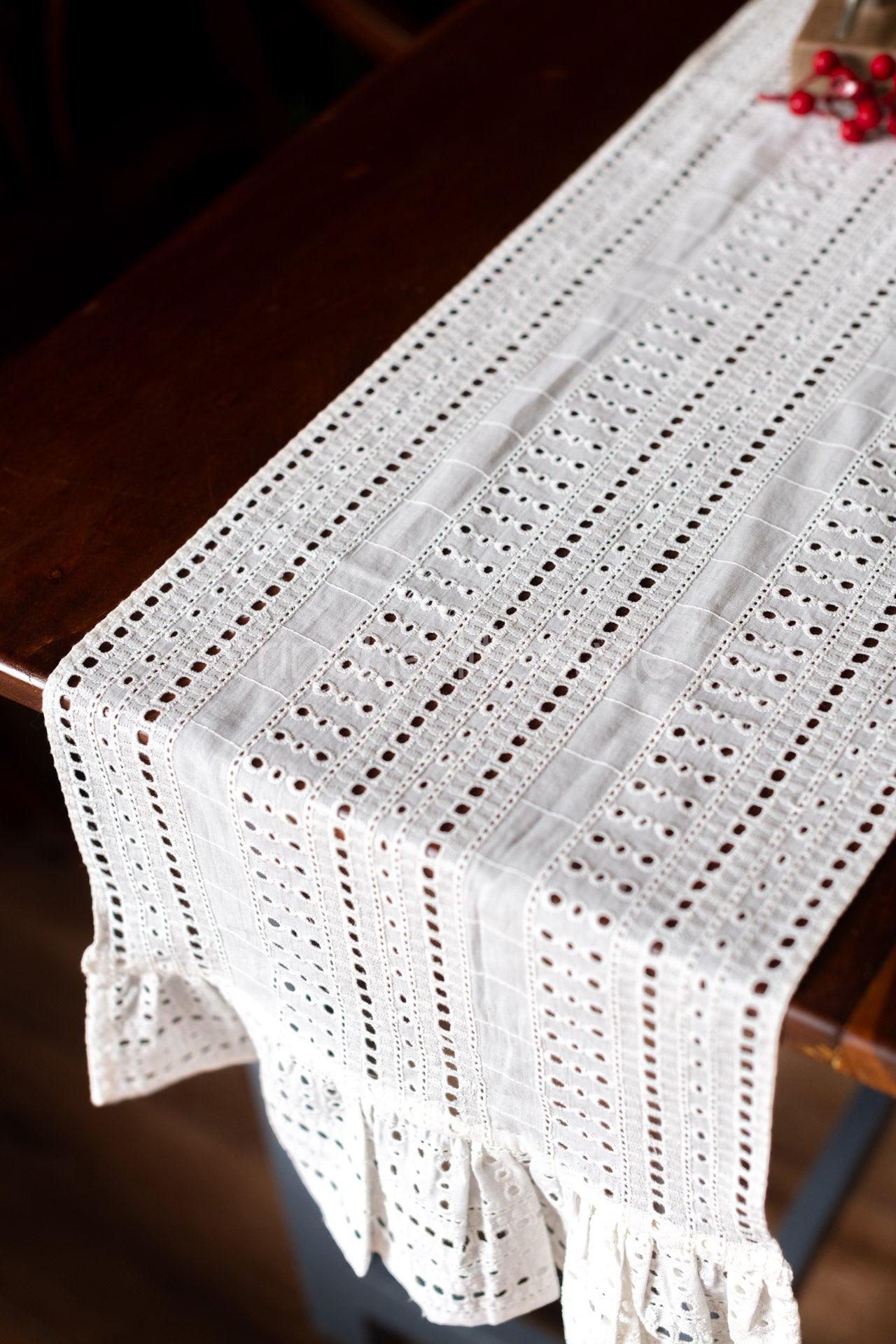 Cotton Hakoba table runner with frill-11.5 x68  inches