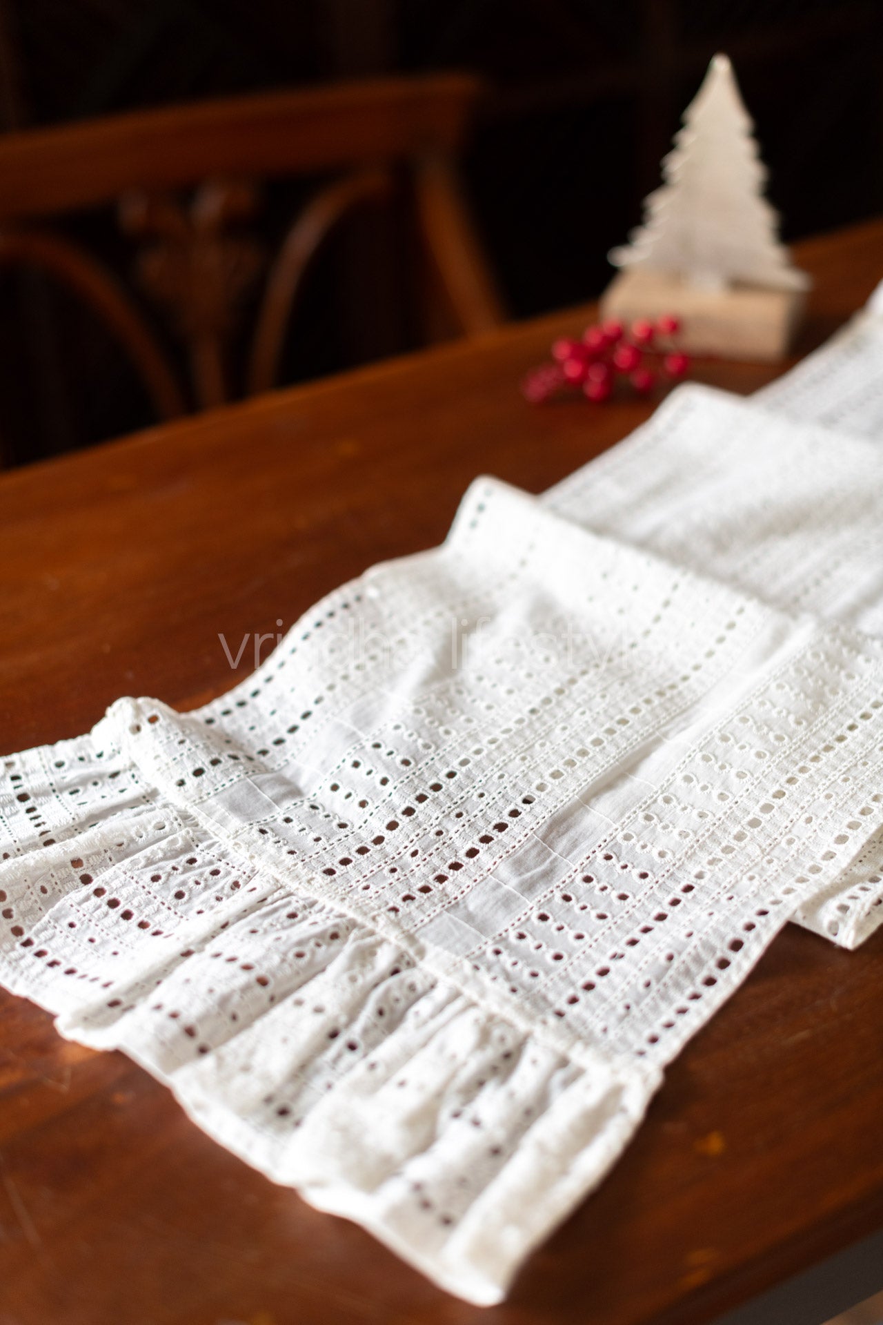 Cotton Hakoba table runner with frill-11.5 x68  inches