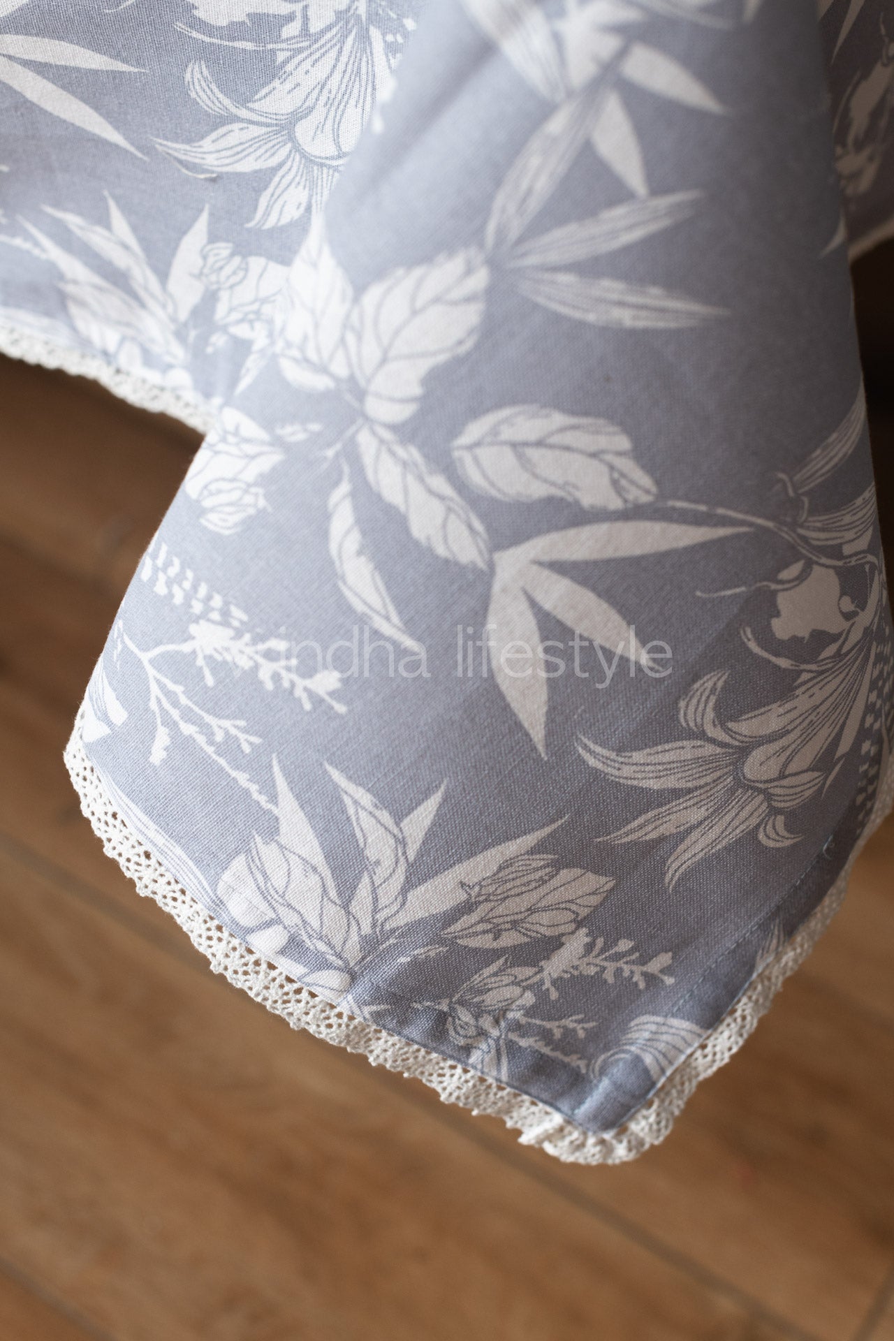Cotton floral print table cloth with lace detailing-6/8 seater