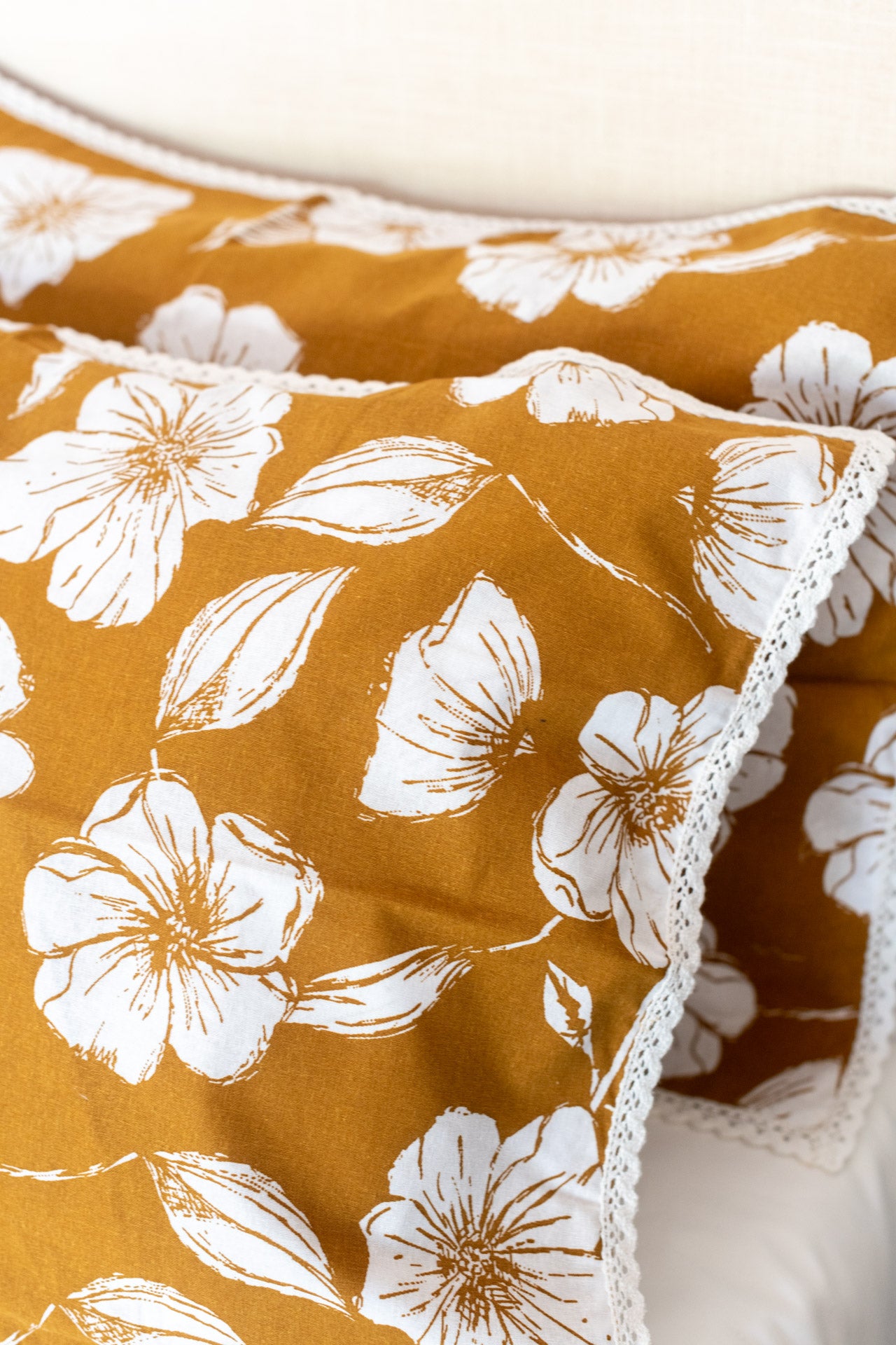 Printed cotton pillow cover with lace detailing-set of 2