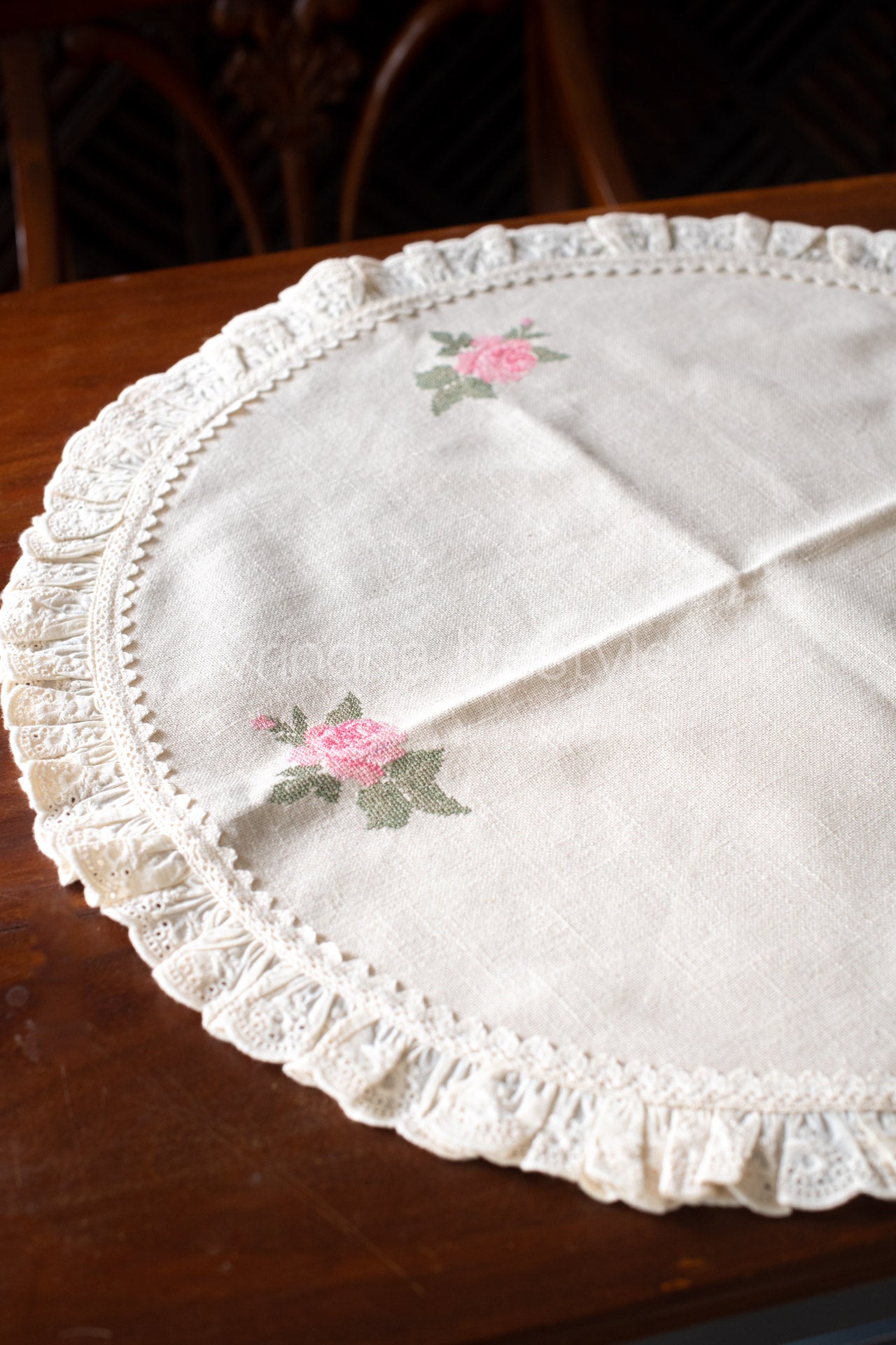 Coffee table  cover with cross stitch embroidery and lace detailing