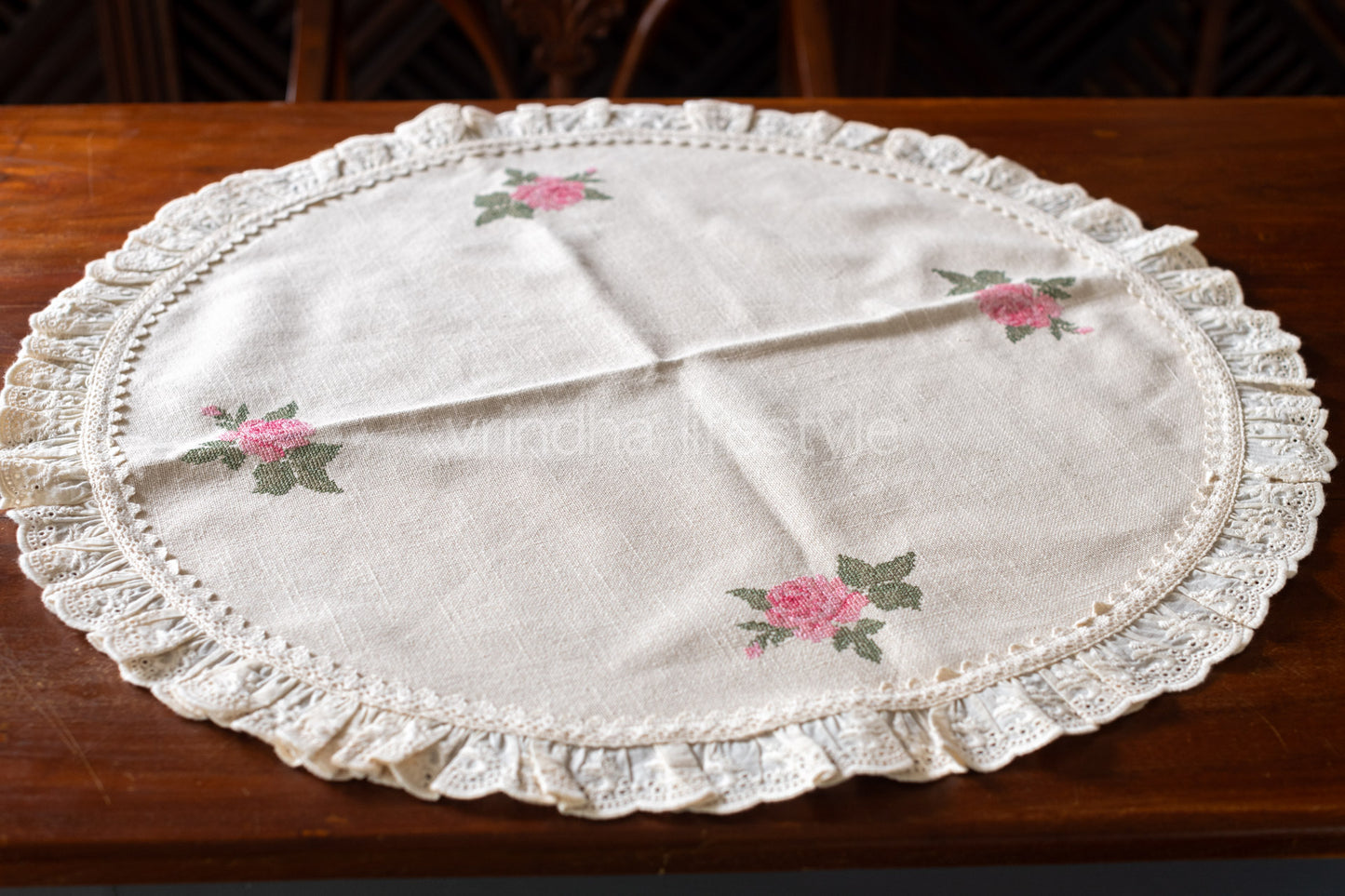 Coffee table  cover with cross stitch embroidery and lace detailing