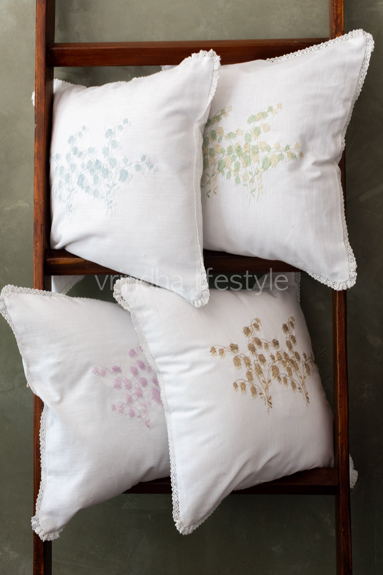 cotton cushion cover with embroidery  and lace detailing -Single unit- 16x16 inches( Customisable)