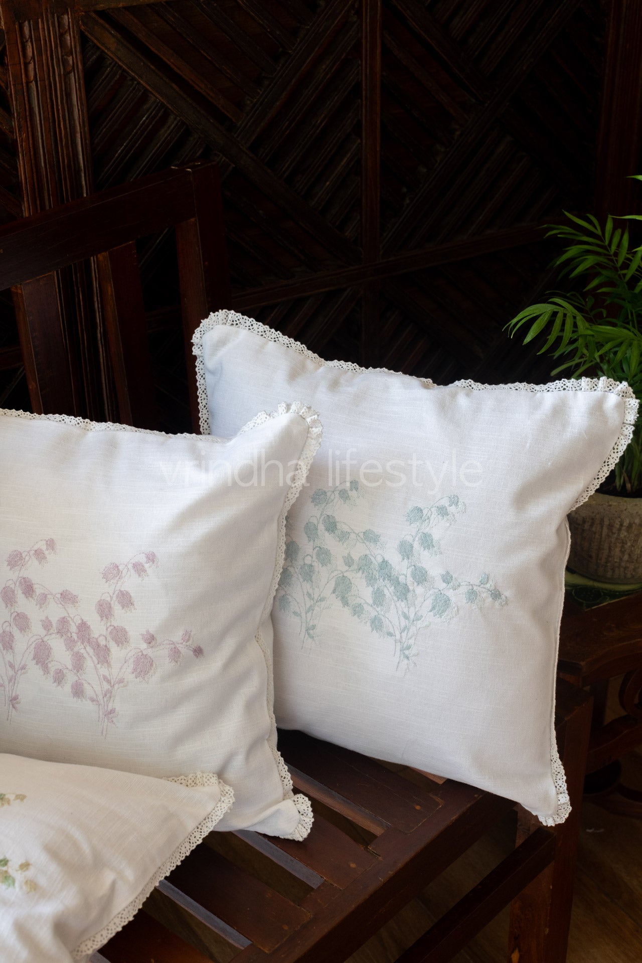 cotton cushion cover with embroidery  and lace detailing -Single unit- 16x16 inches( Customisable)