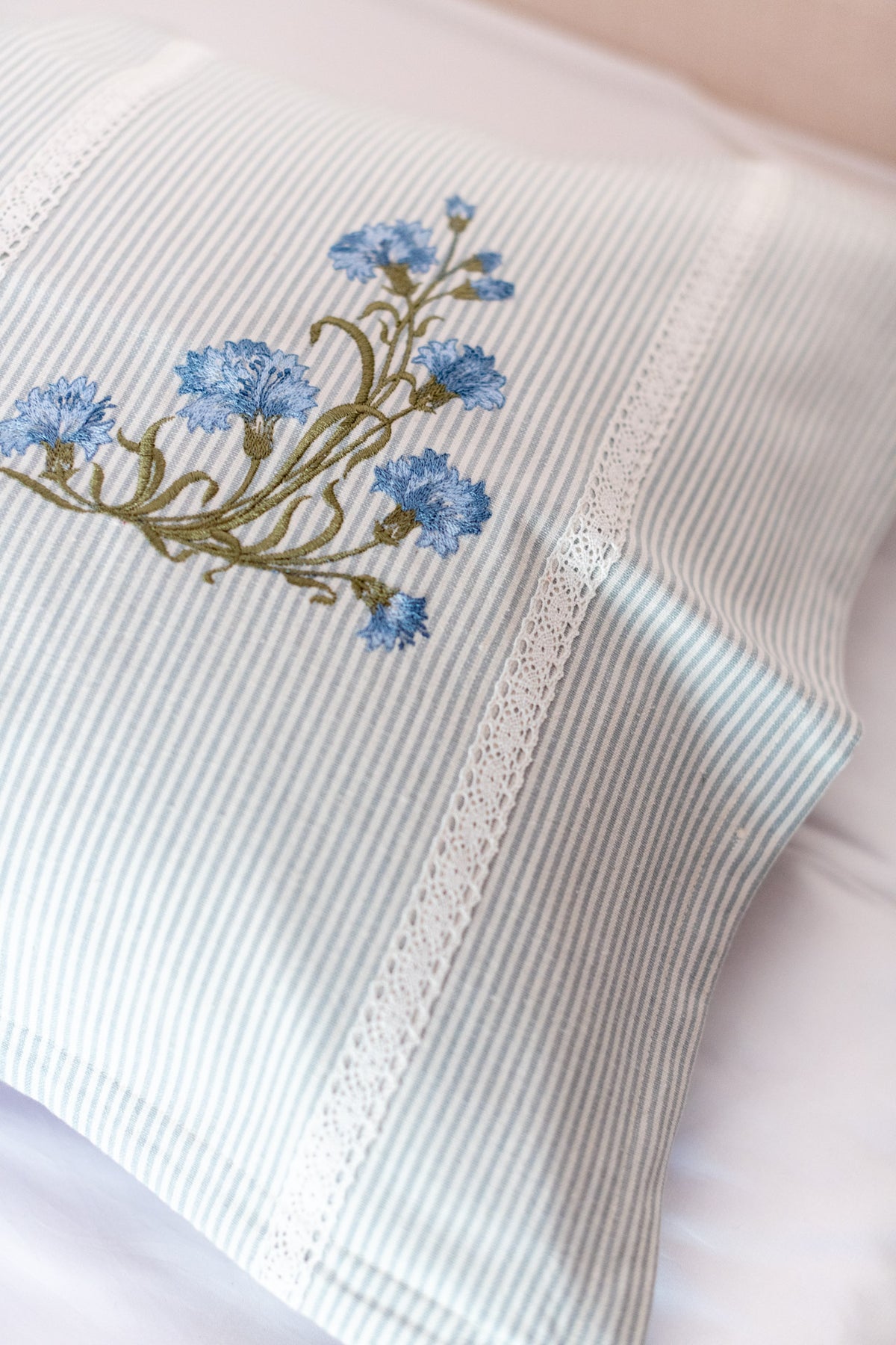 Cotton pillow covers with embroidery and lace detailing -single unit