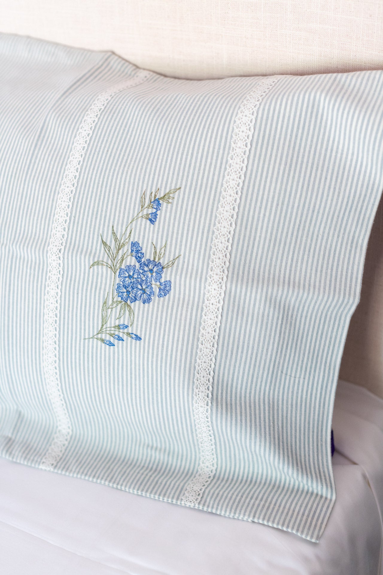 Cotton pillow covers with embroidery and lace detailing -single unit
