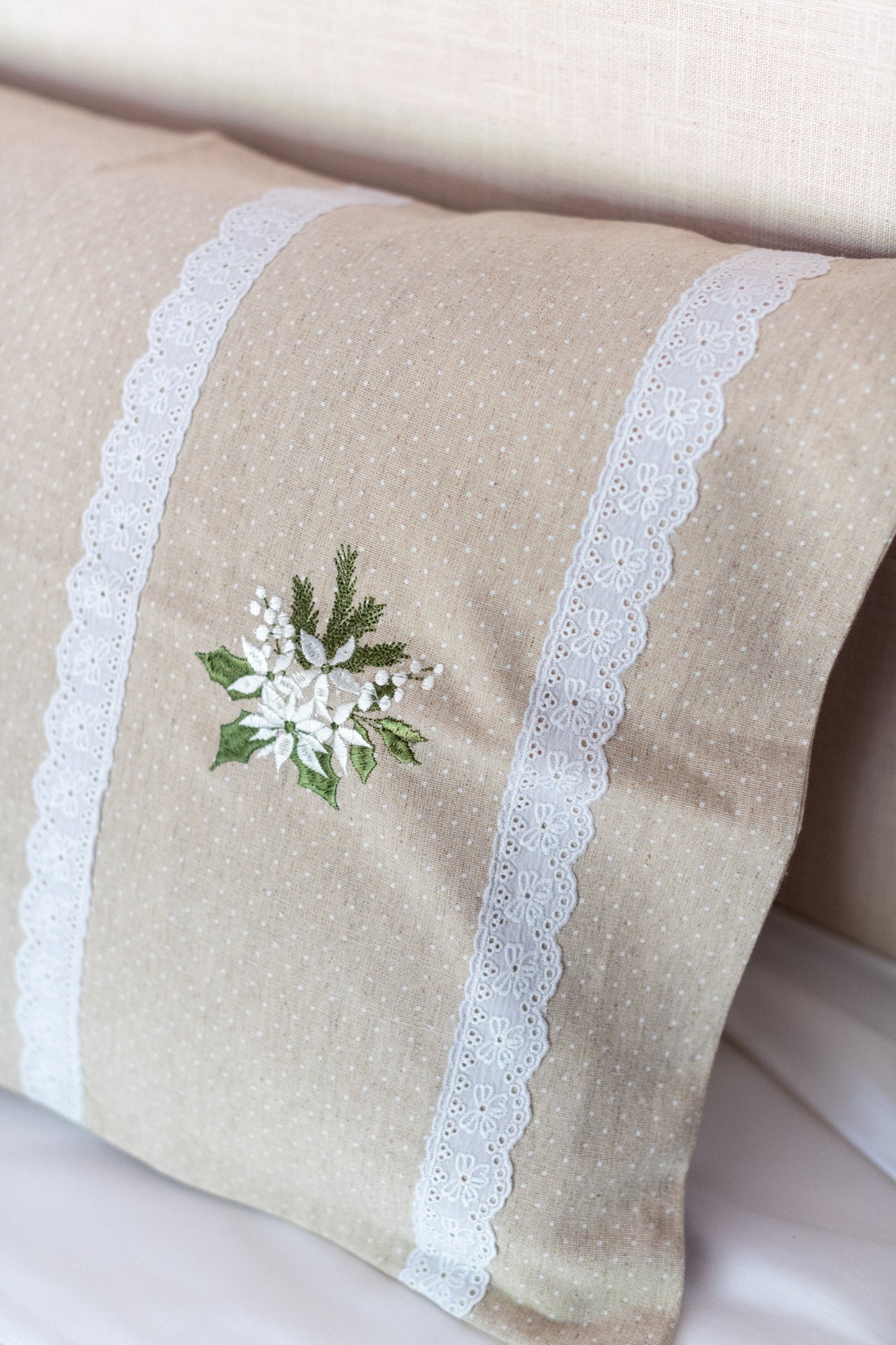 Cotton pillow covers with embroidery and lace detailing -single unit