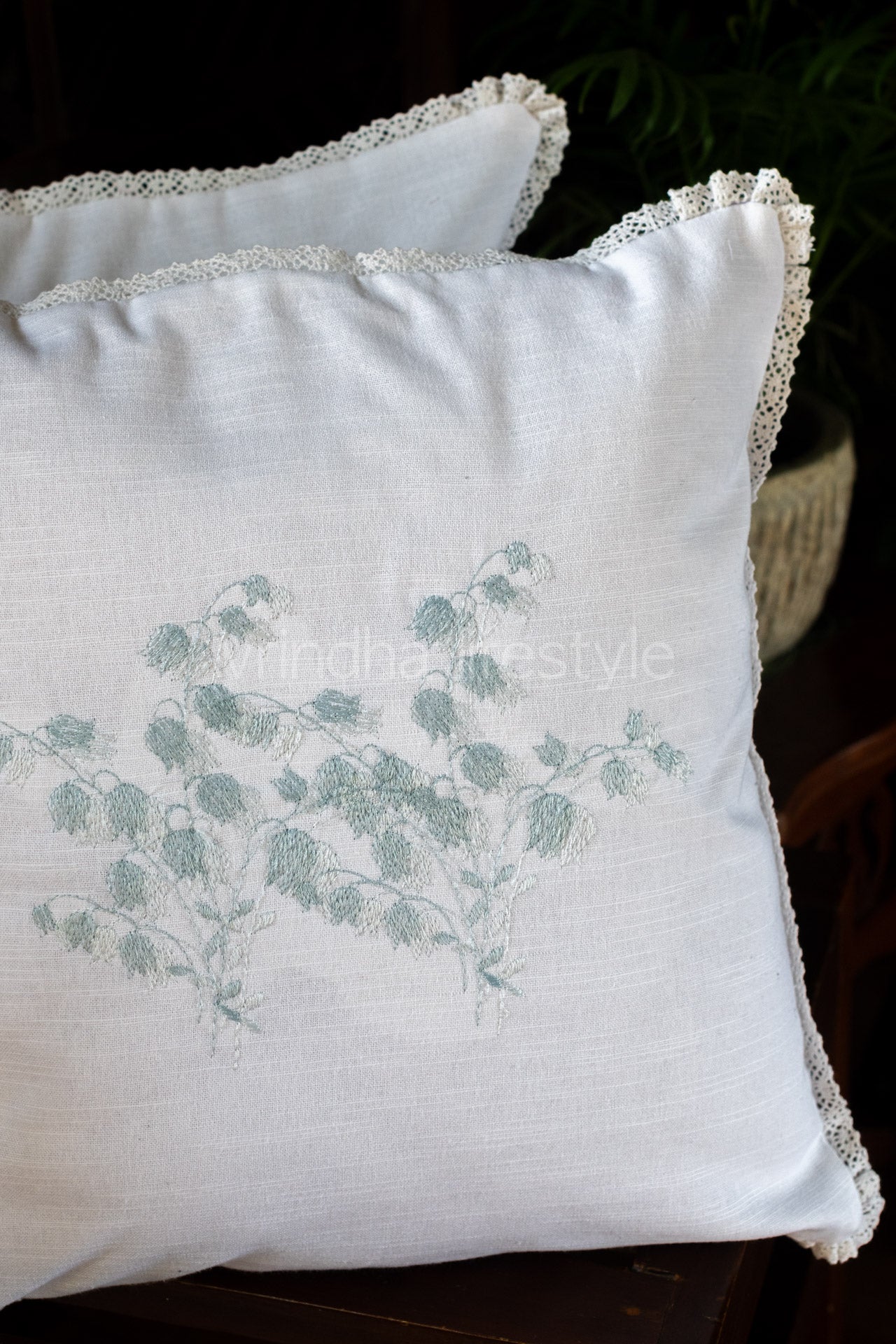 cotton cushion cover with embroidery  and lace detailing -Single unit- 16x16 inches( Customisable)