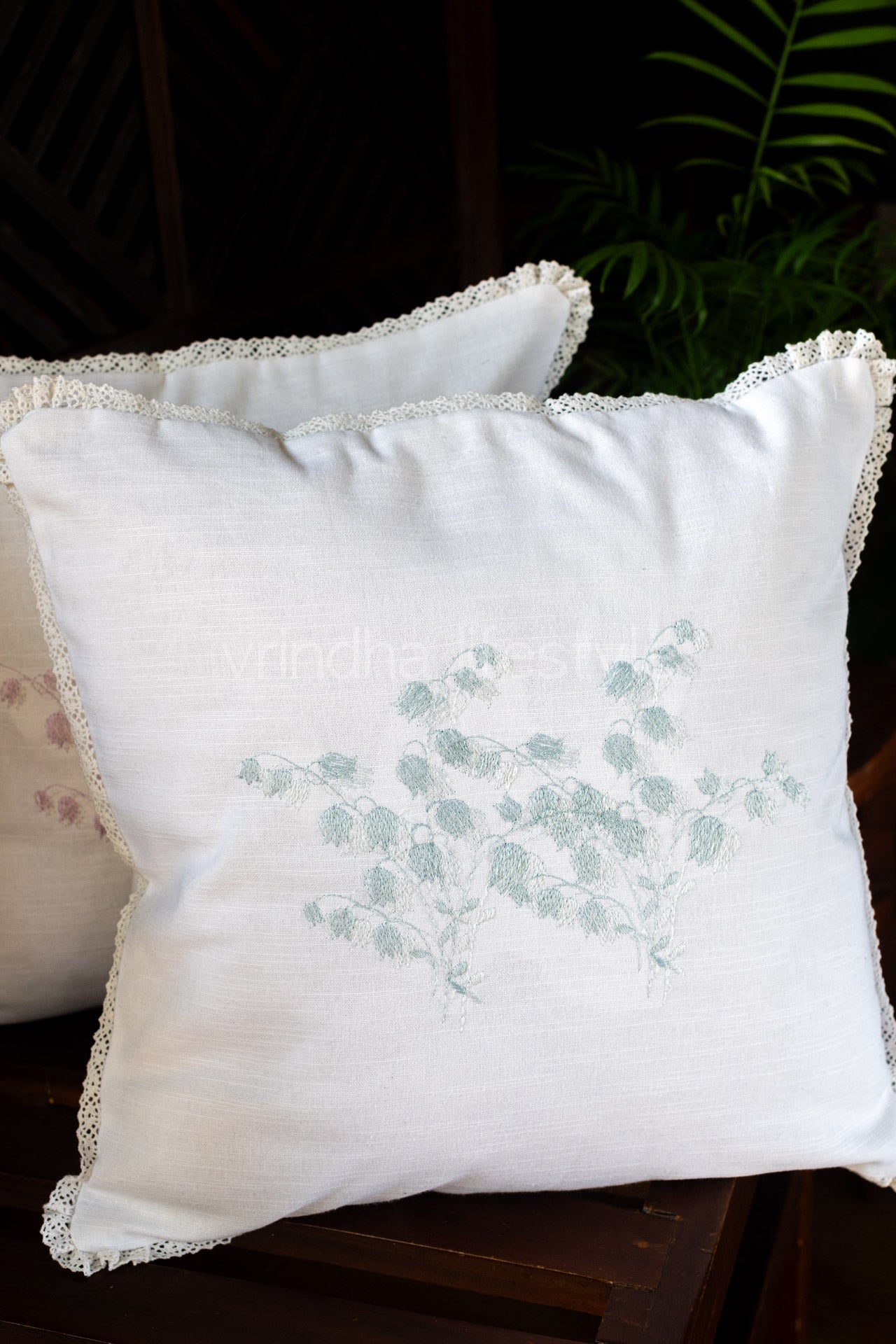 cotton cushion cover with embroidery  and lace detailing -Single unit- 16x16 inches( Customisable)