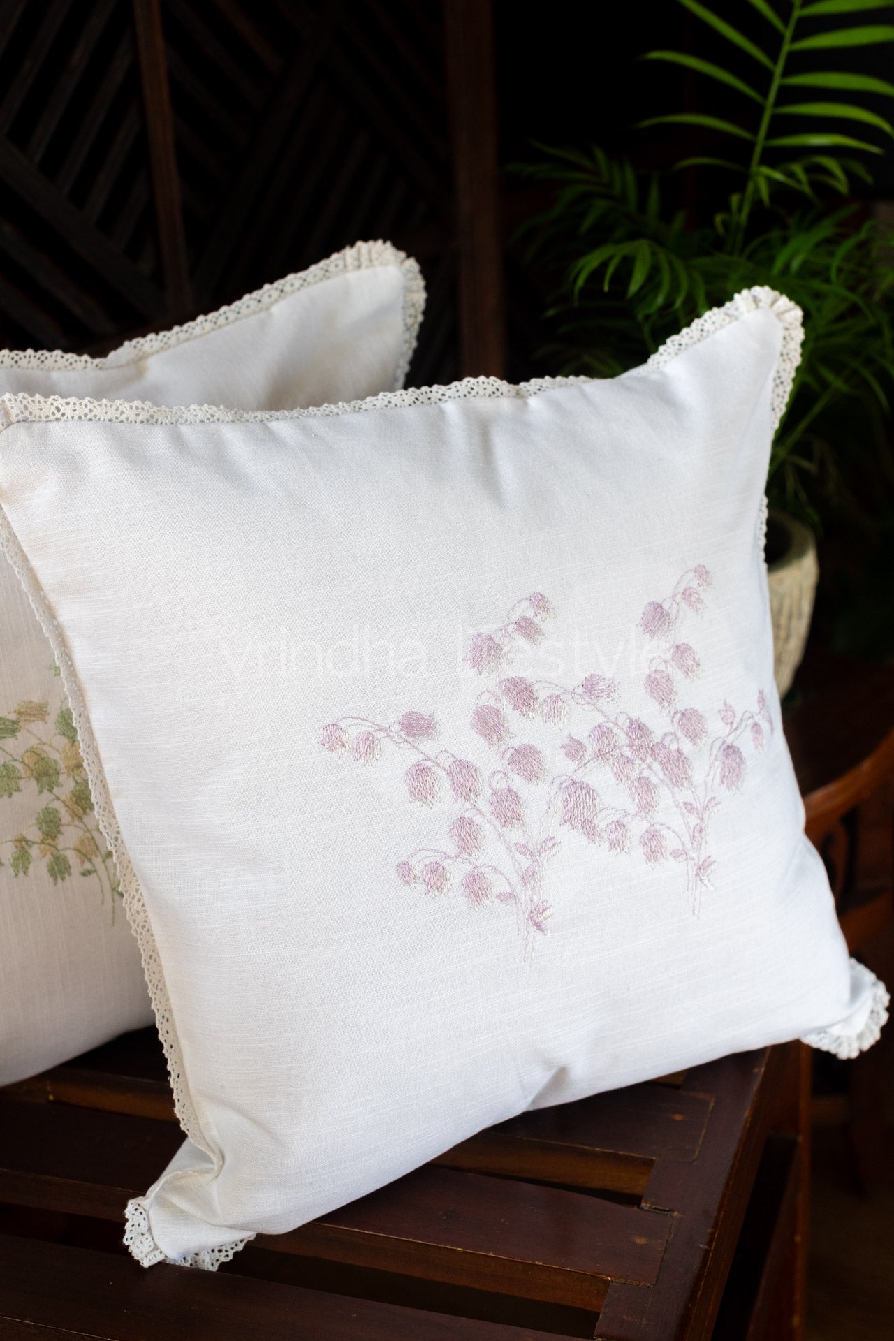 cotton cushion cover with embroidery  and lace detailing -Single unit- 16x16 inches( Customisable)