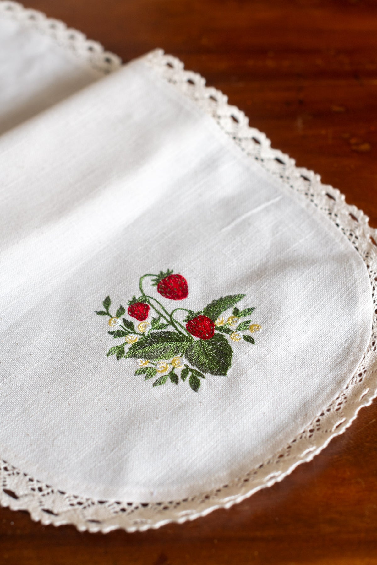 Cotton table runner with  embroidery and lace detailing -customisable