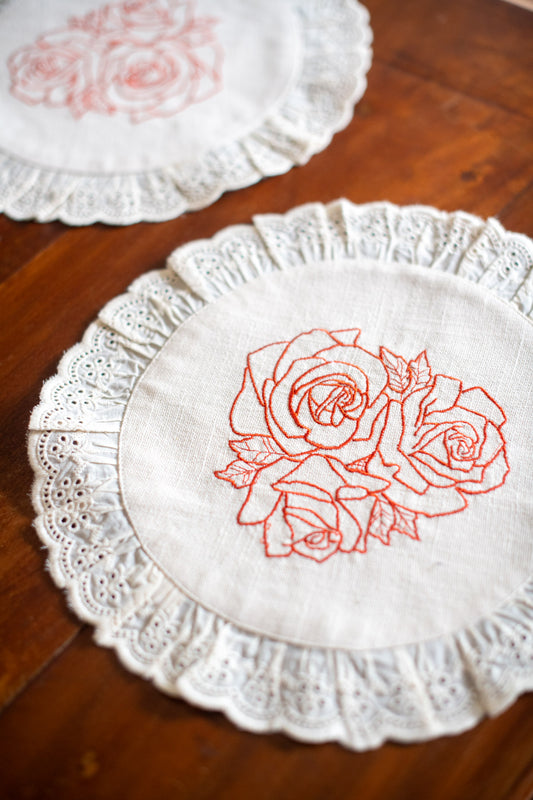 Round embroidered table mat with lace detailing ,12 inches-Single unit