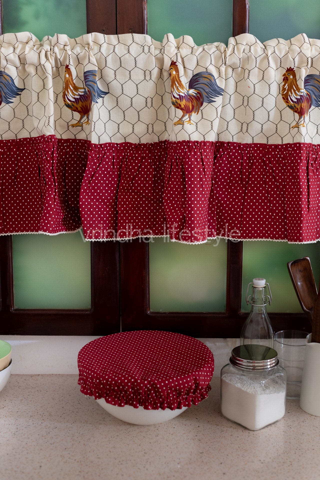 KITCHEN VALANCE-Cotton printed with frill and  lace detailing