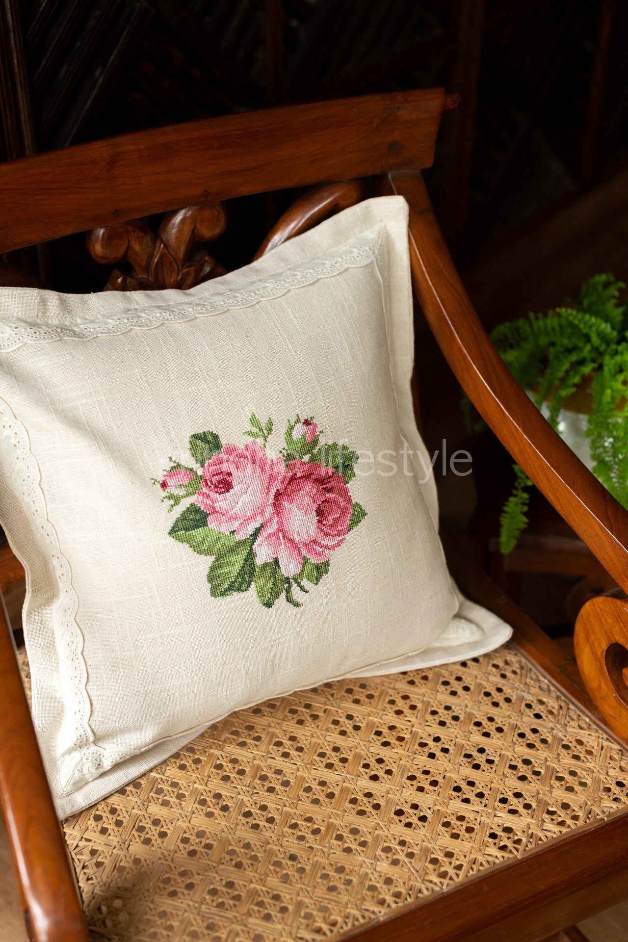 Cotton cushion cover with cross stitch embroidery and lace detailing-Single unit- 16x16 inches( Customisable)