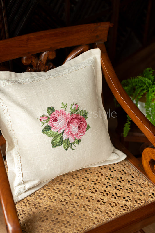 Cotton cushion cover with cross stitch embroidery and lace detailing-Single unit- 16x16 inches( Customisable)