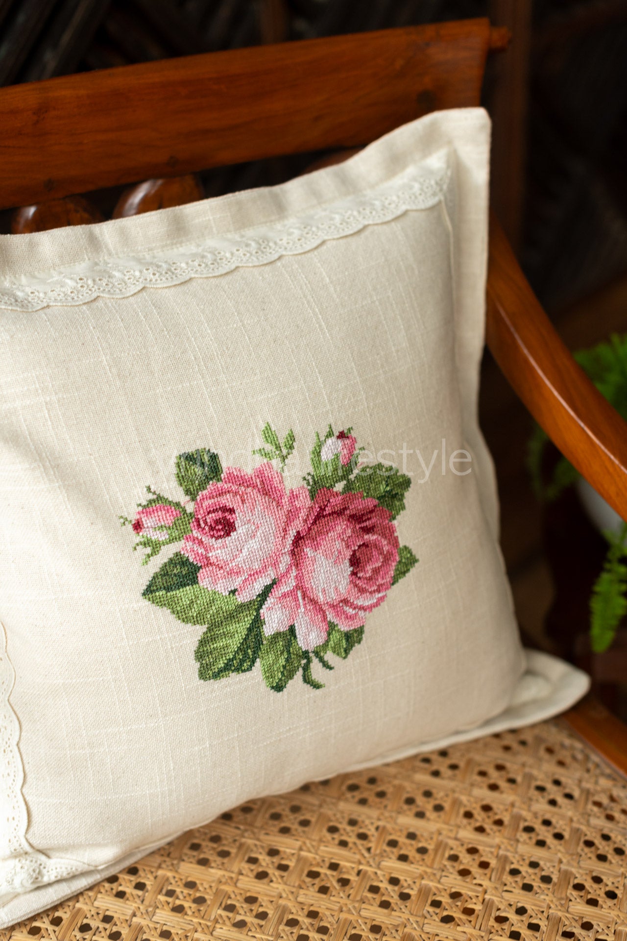 Cotton cushion cover with cross stitch embroidery and lace detailing-Single unit- 16x16 inches( Customisable)
