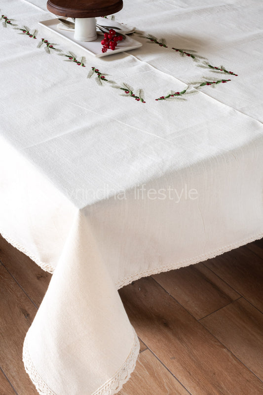 Cotton table cloth with embroidery and lace detailing -6 seater