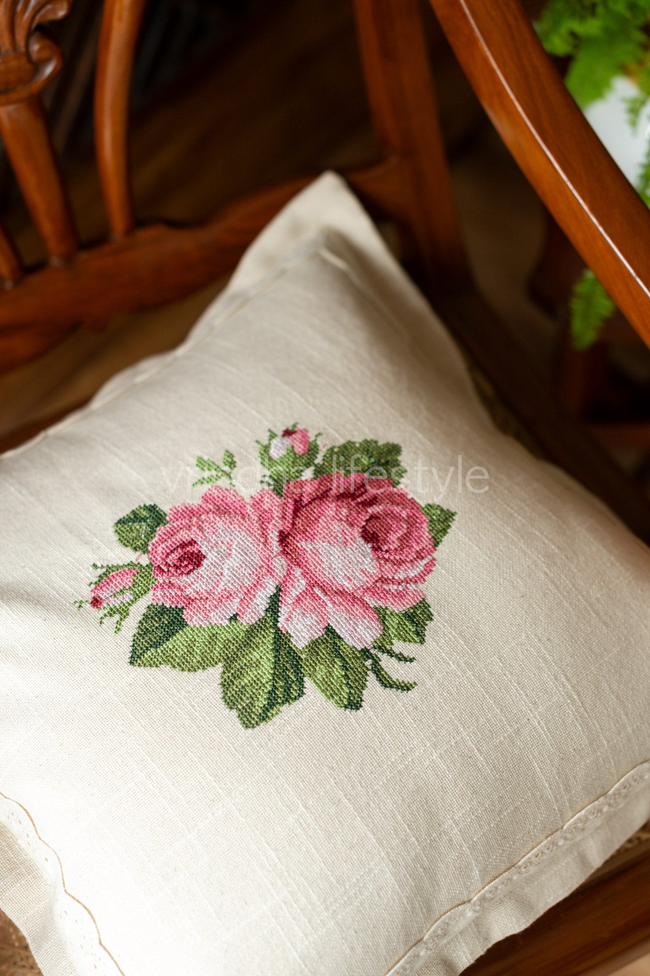 Cotton cushion cover with cross stitch embroidery and lace detailing-Single unit- 16x16 inches( Customisable)