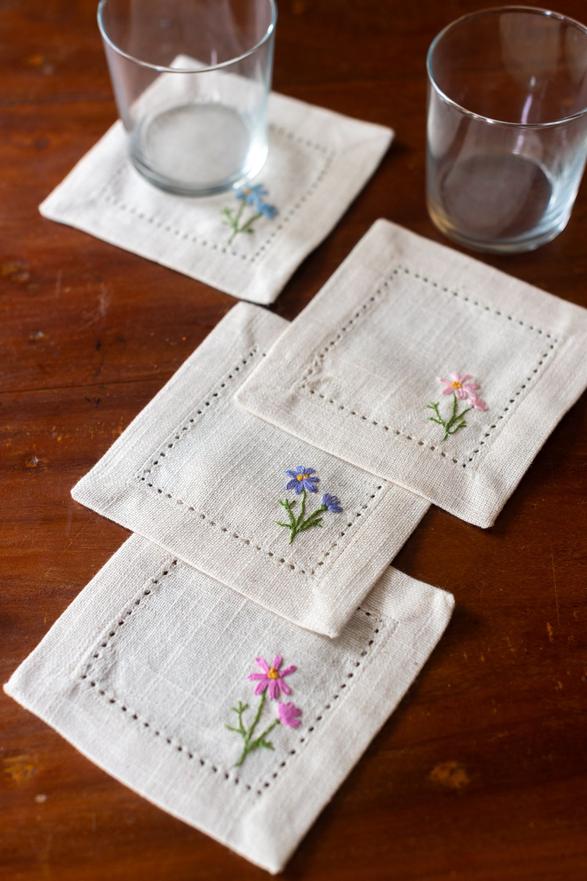 Cotton coasters with hand embroidery  -set of 4