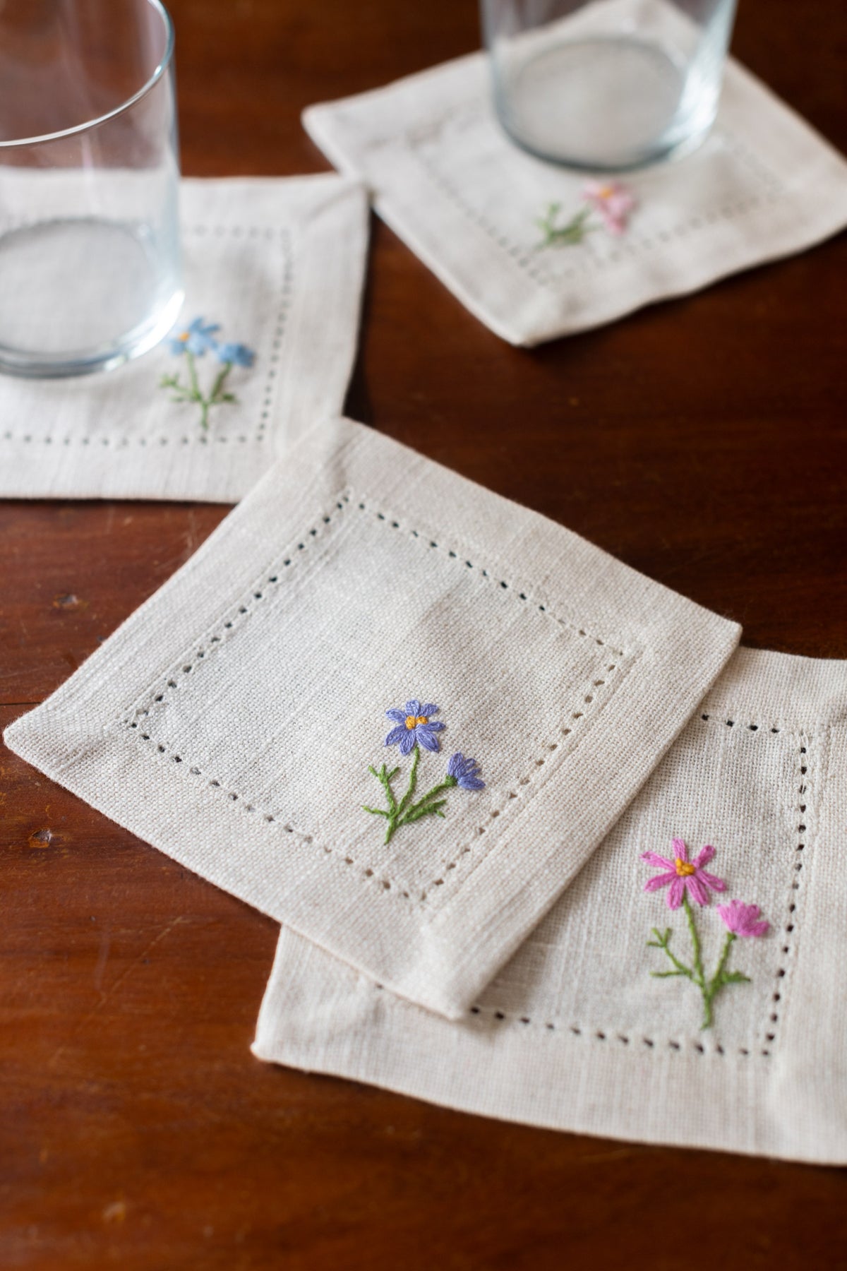 Cotton coasters with hand embroidery  -set of 4