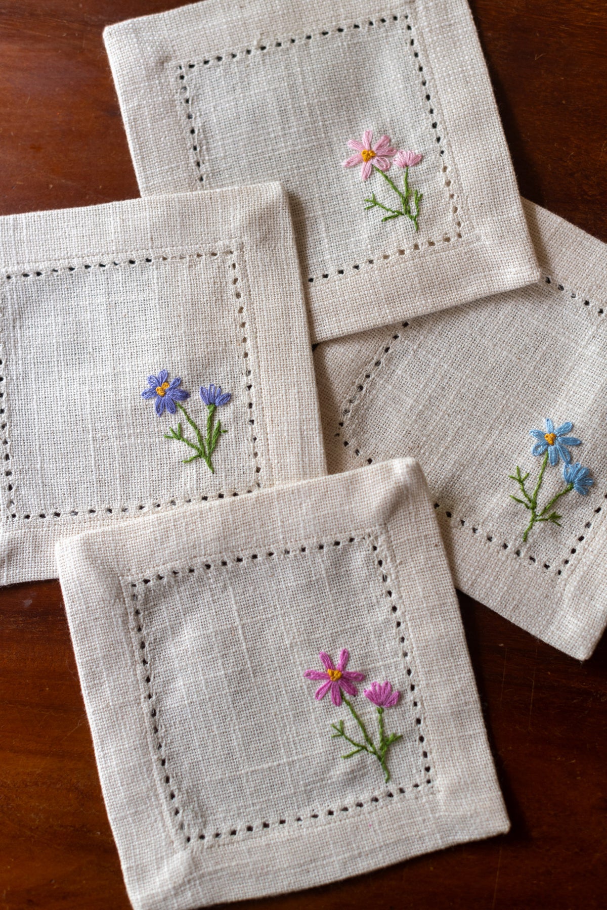 Cotton coasters with hand embroidery  -set of 4