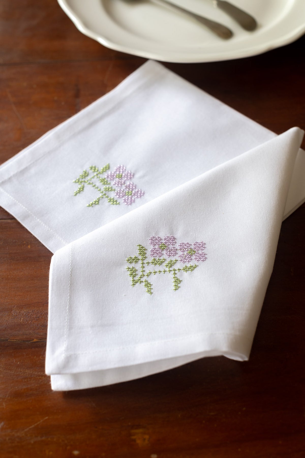 COTTON TABLE NAPKINS with cross stitch embroidery -Set of 2