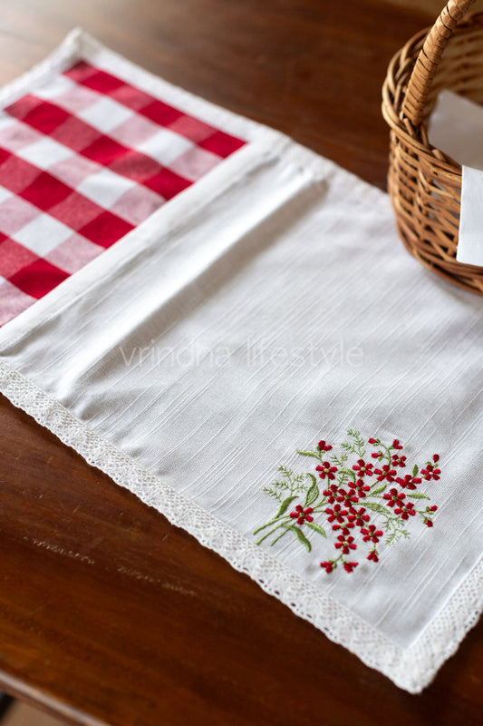 Cotton tray mat with embroidery and lace detailing--single unit- customisable