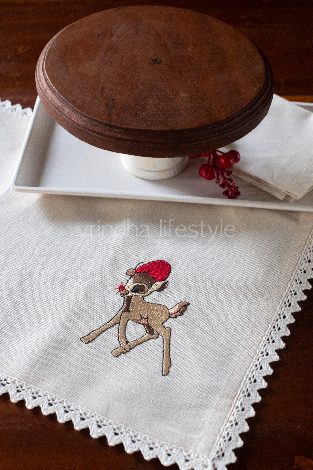 Cotton tray mat with embroidery and lace detailing-customisable