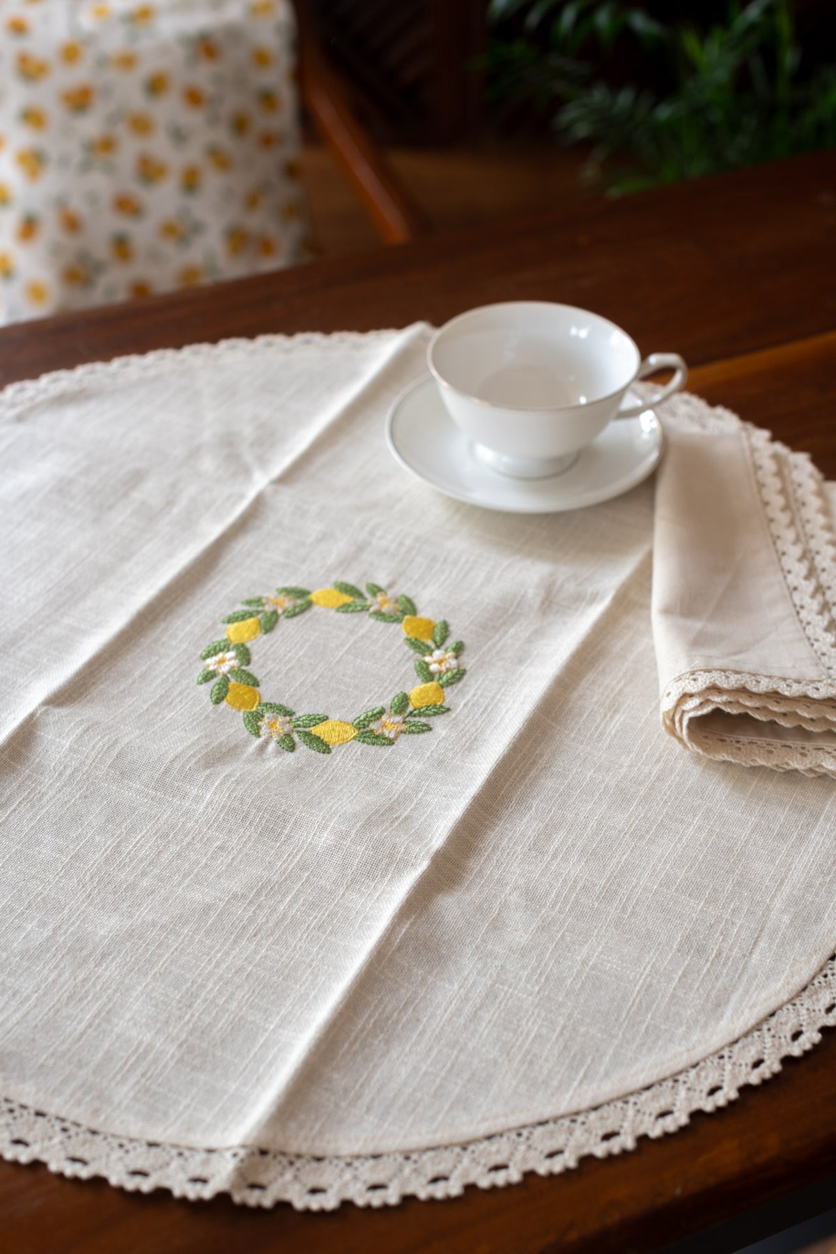 Round table mat with embroidery and lace detailing-21 inches-customisable