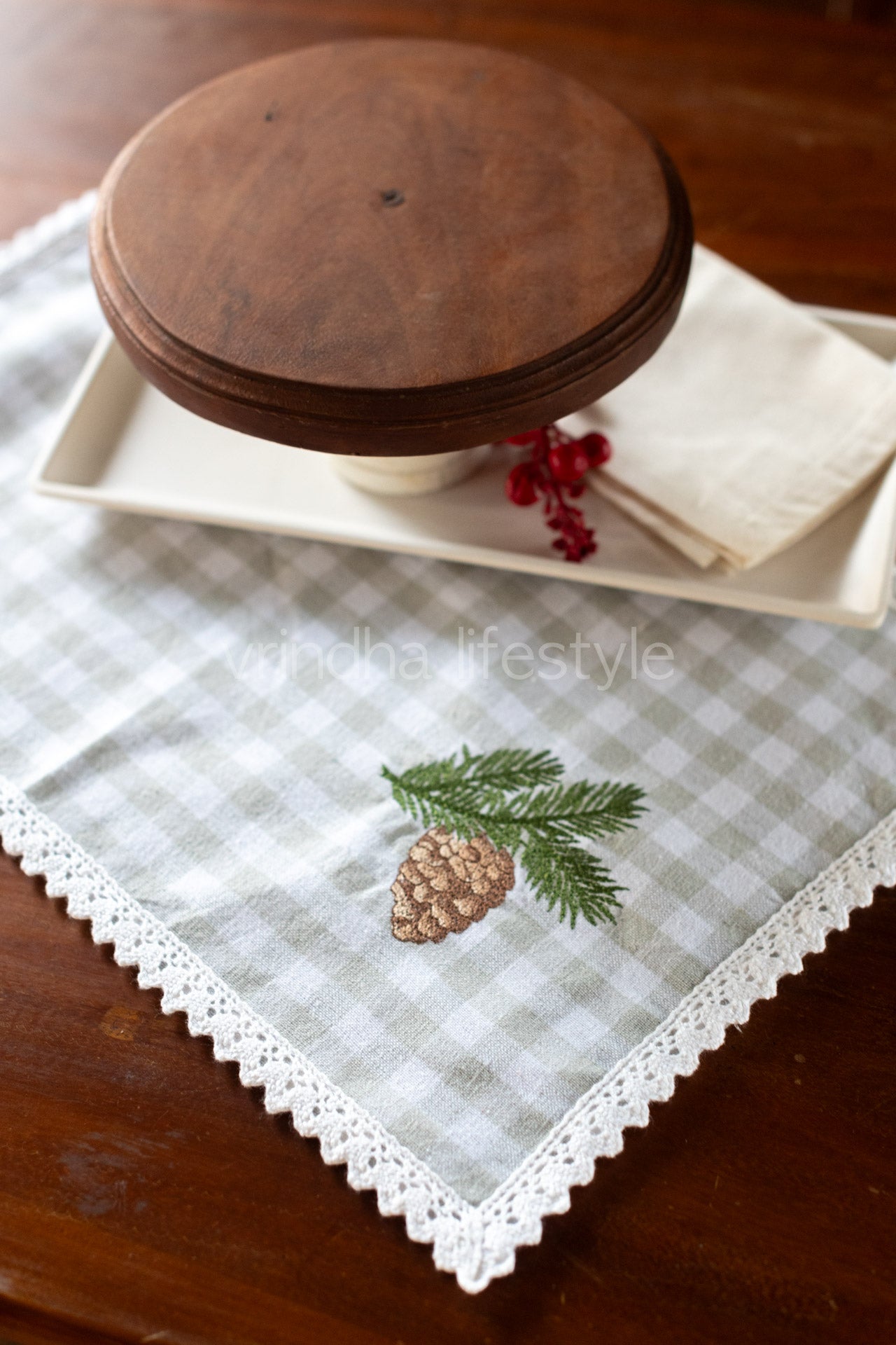 Cotton tray mat with embroidery and lace detailing- customisable