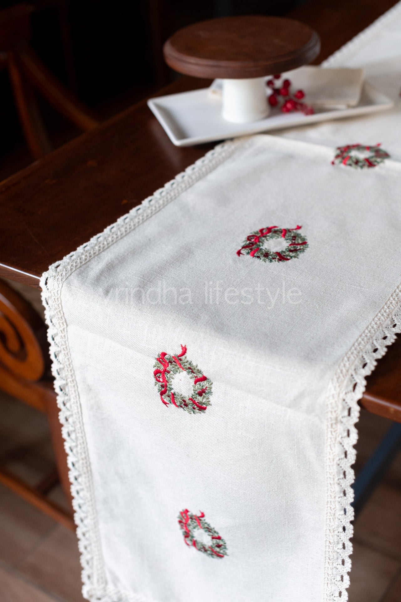 Cotton table runner with floral embroidery and lace detailing -customisable