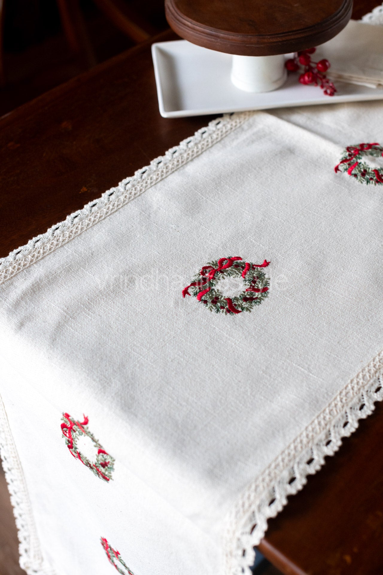 Cotton table runner with floral embroidery and lace detailing -customisable