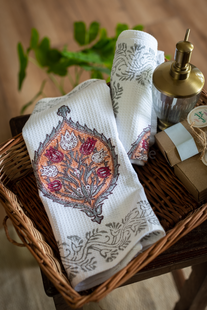 HAND BLOCK PRINT WAFFLE HAND TOWELS -16x24 inches( set of two)