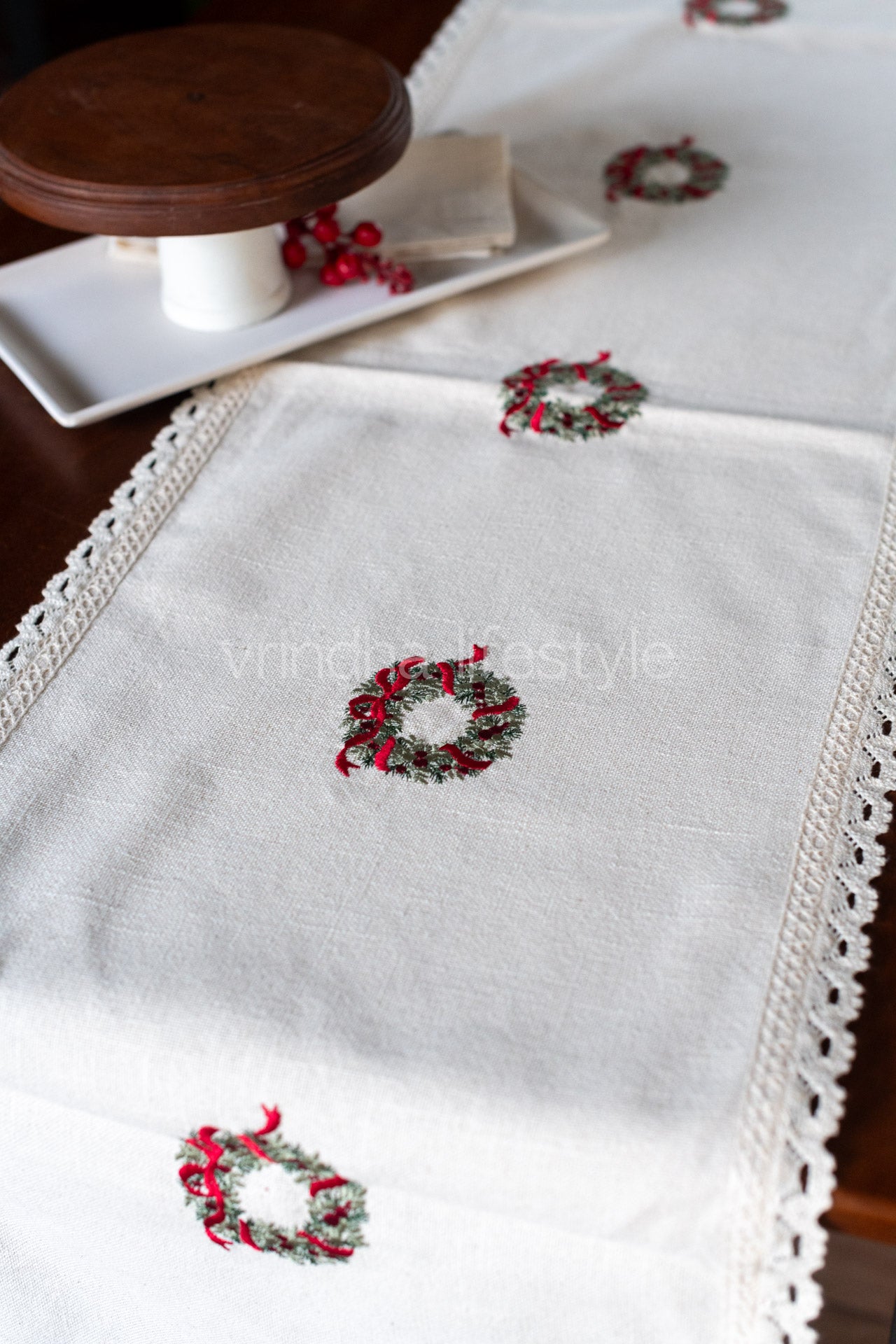 Cotton table runner with floral embroidery and lace detailing -customisable