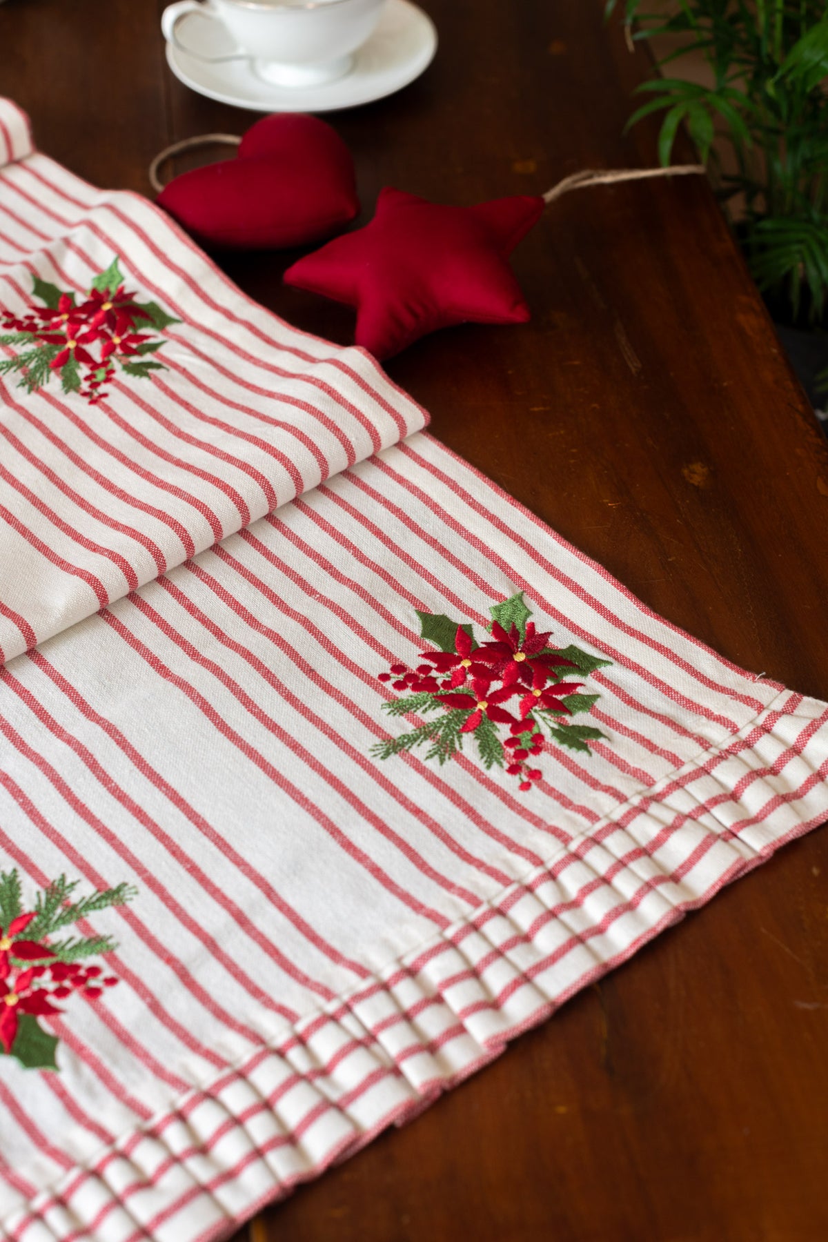 Cotton table runner with embroidery and frill detailing 14x62 inches
