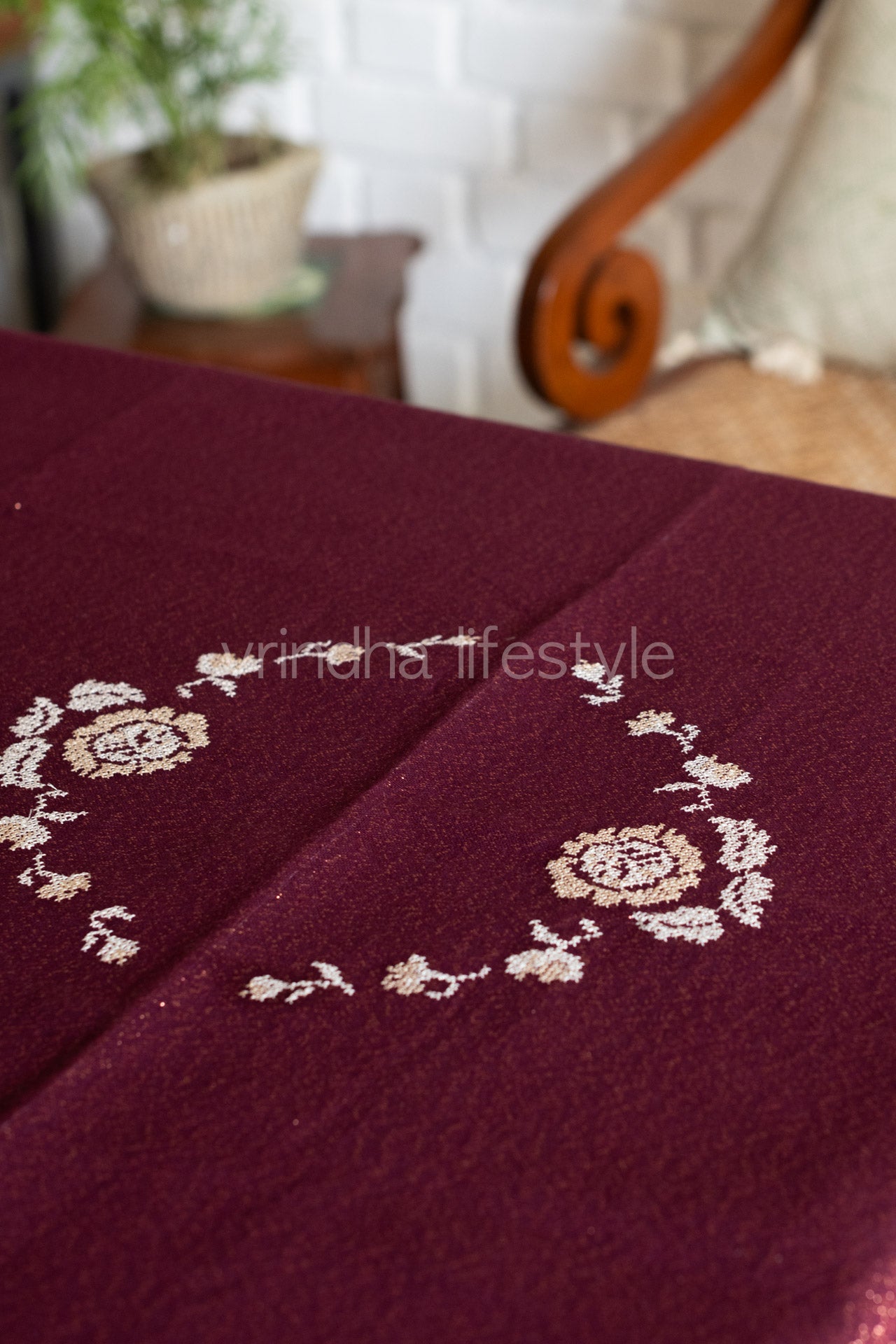 COFFEE TABLE CLOTH with cross stitch Embroydery and crochet lace detailing 36x36 inches