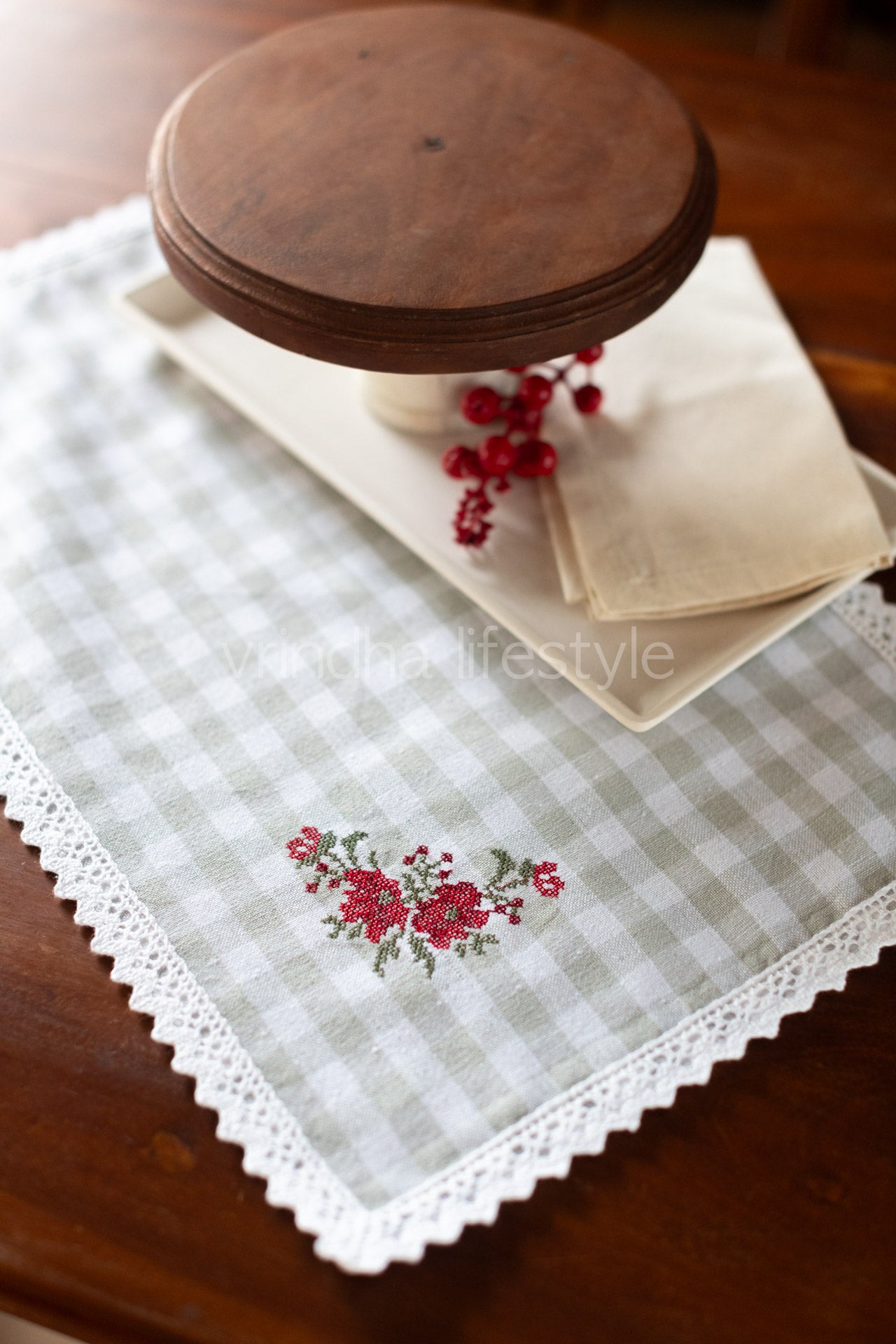 Cotton tray mat with embroidery and lace detailing- customisable