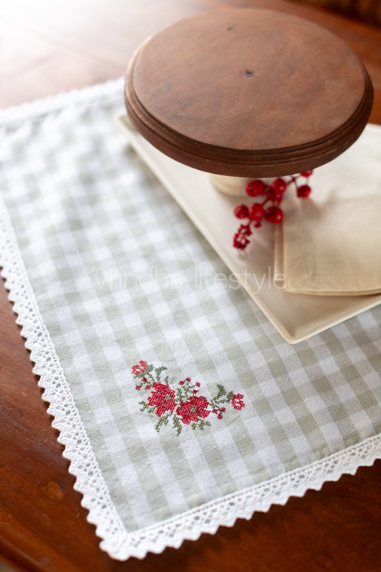 Cotton tray mat with embroidery and lace detailing- customisable