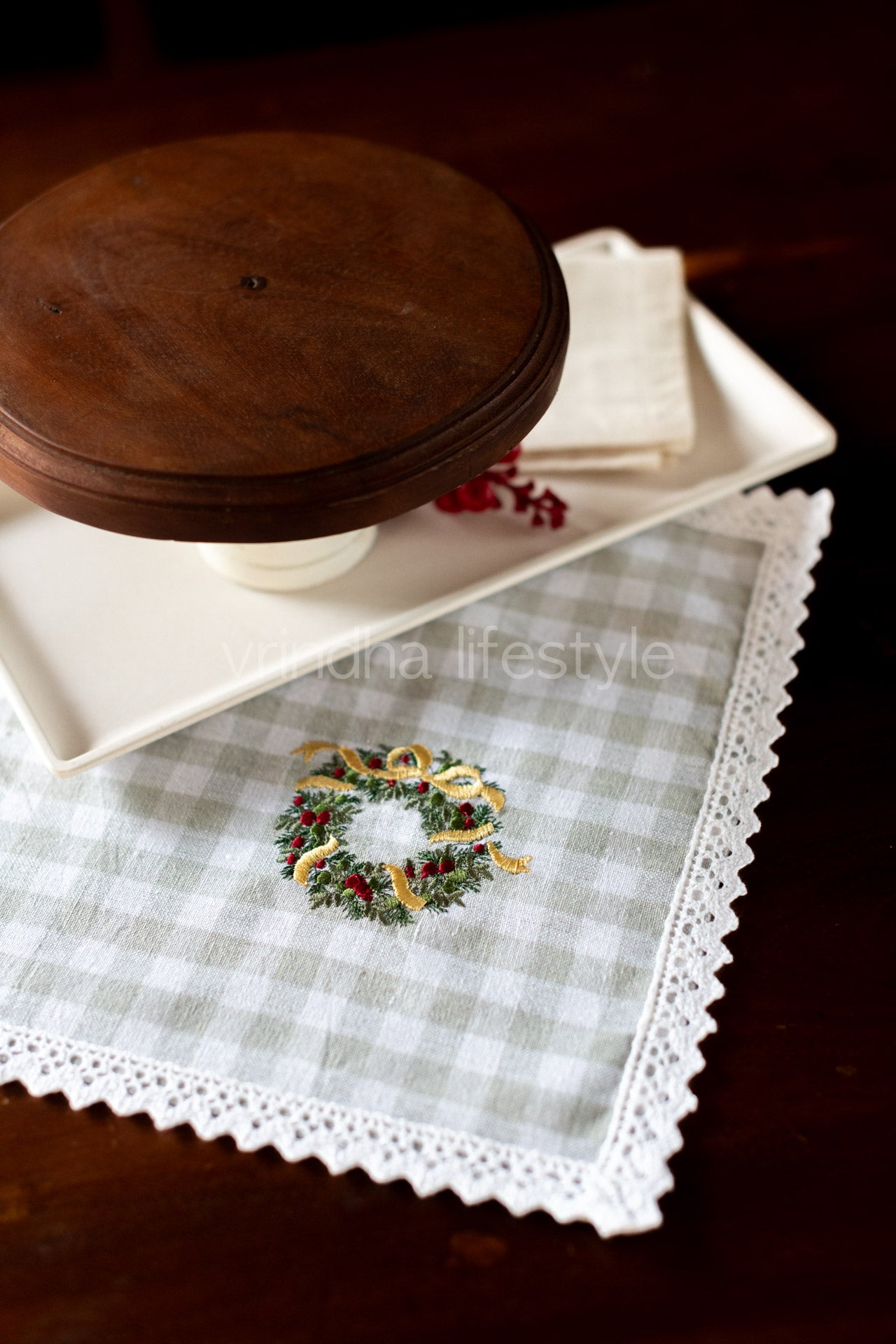 Cotton tray mat with embroidery and lace detailing- customisable