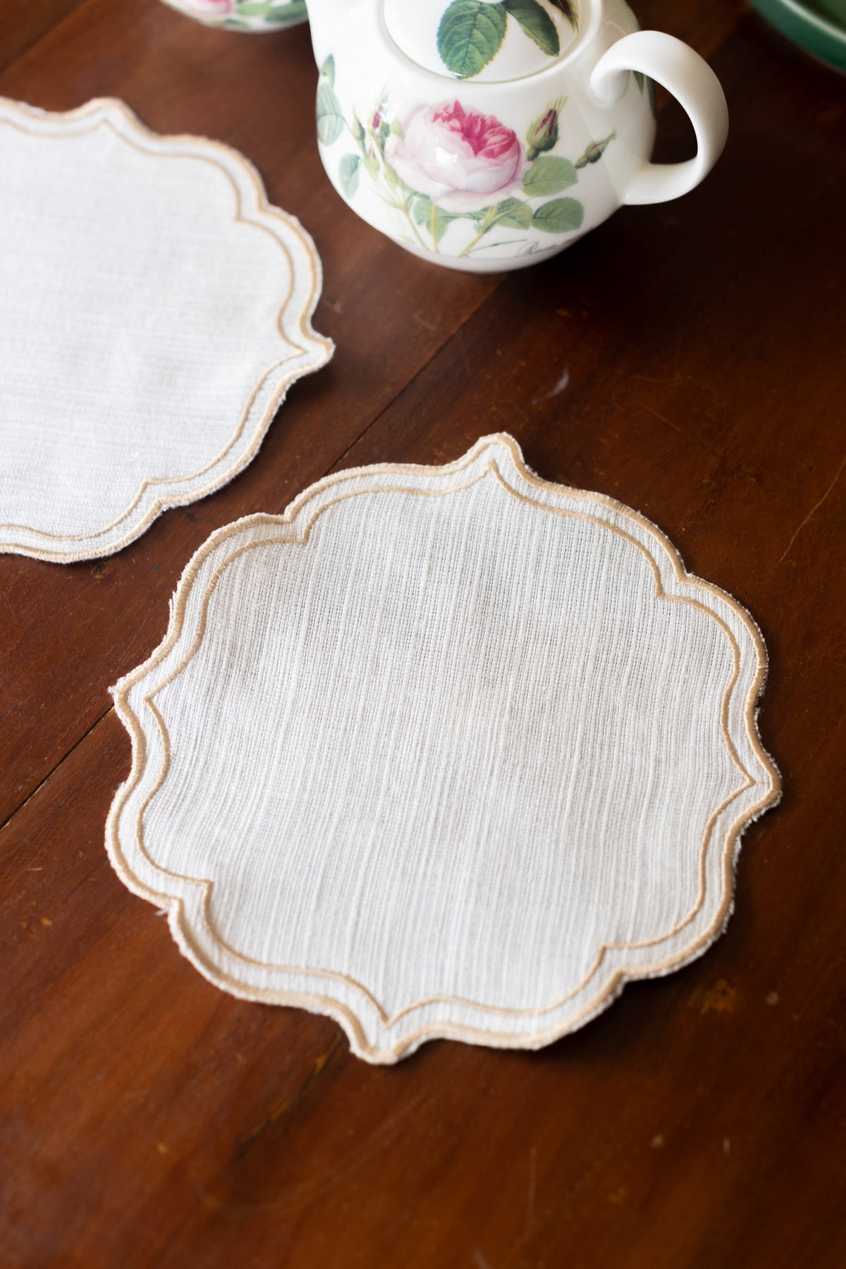 Linen Cotton coasters with embroidery -6 inch -set of 2