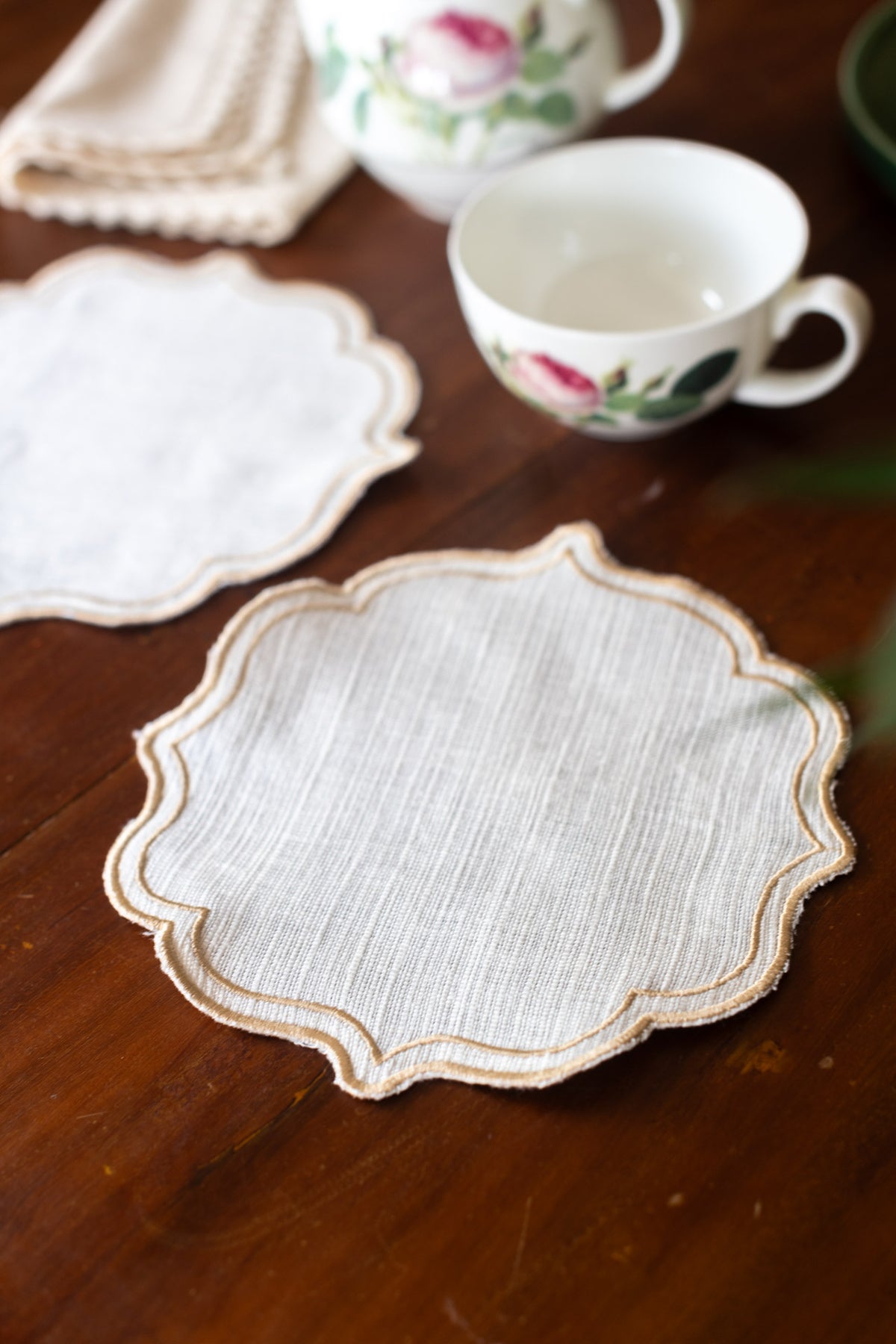 Linen Cotton coasters with embroidery -6 inch -set of 2