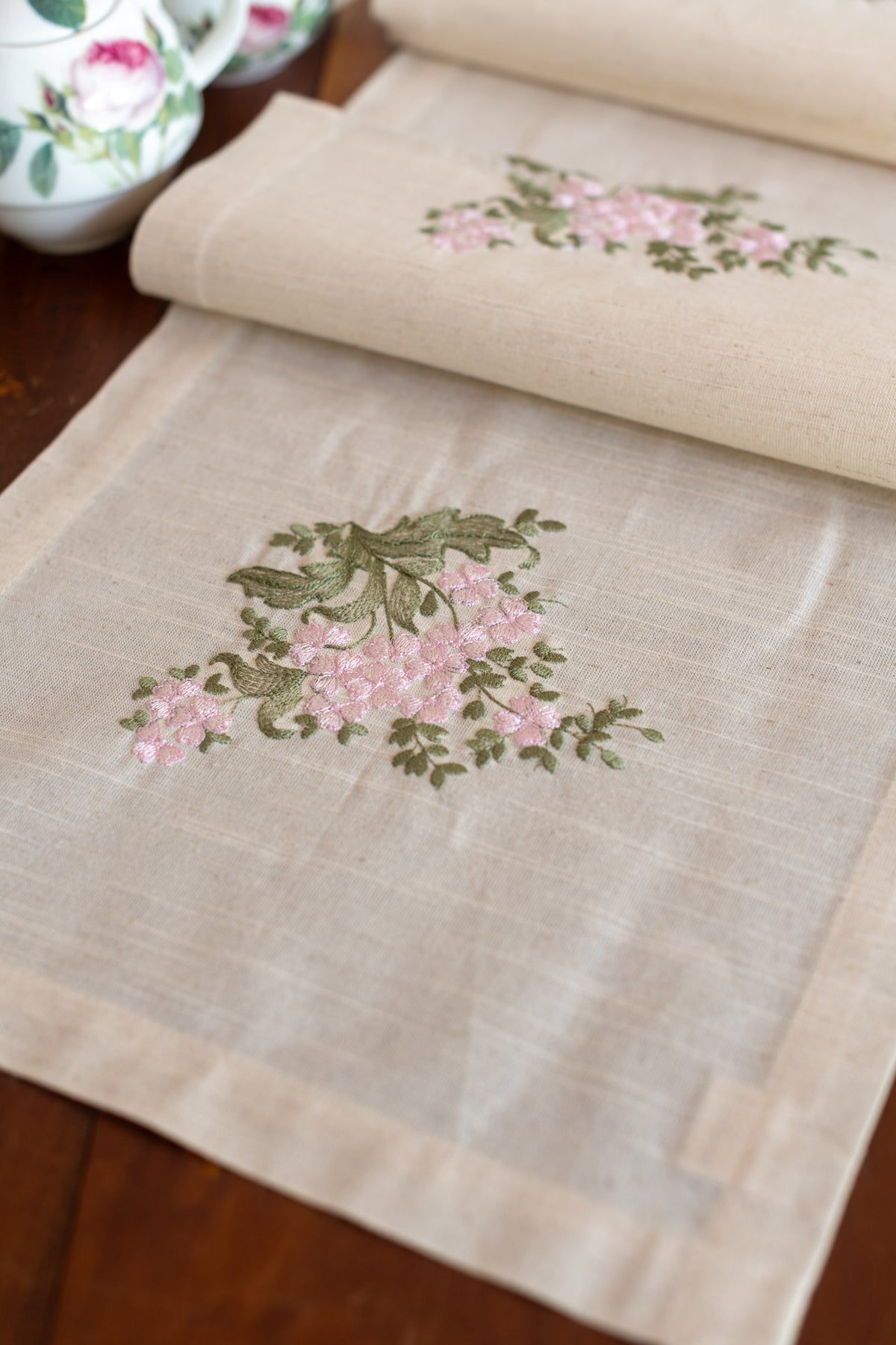 Cotton table runner with embroidery - 12x48 inches