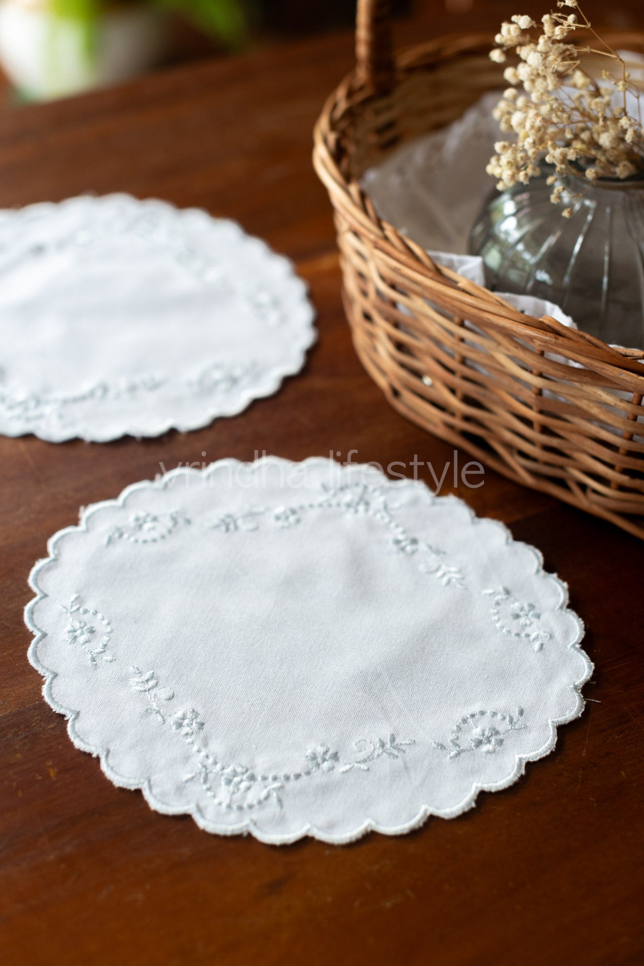 Embroidered fabric doily /coaster -set of 2-customisable