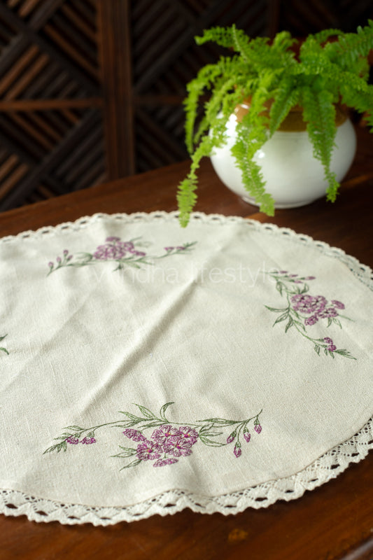 Round table mat with cross stitch embroidery and lace detailing-20 inches