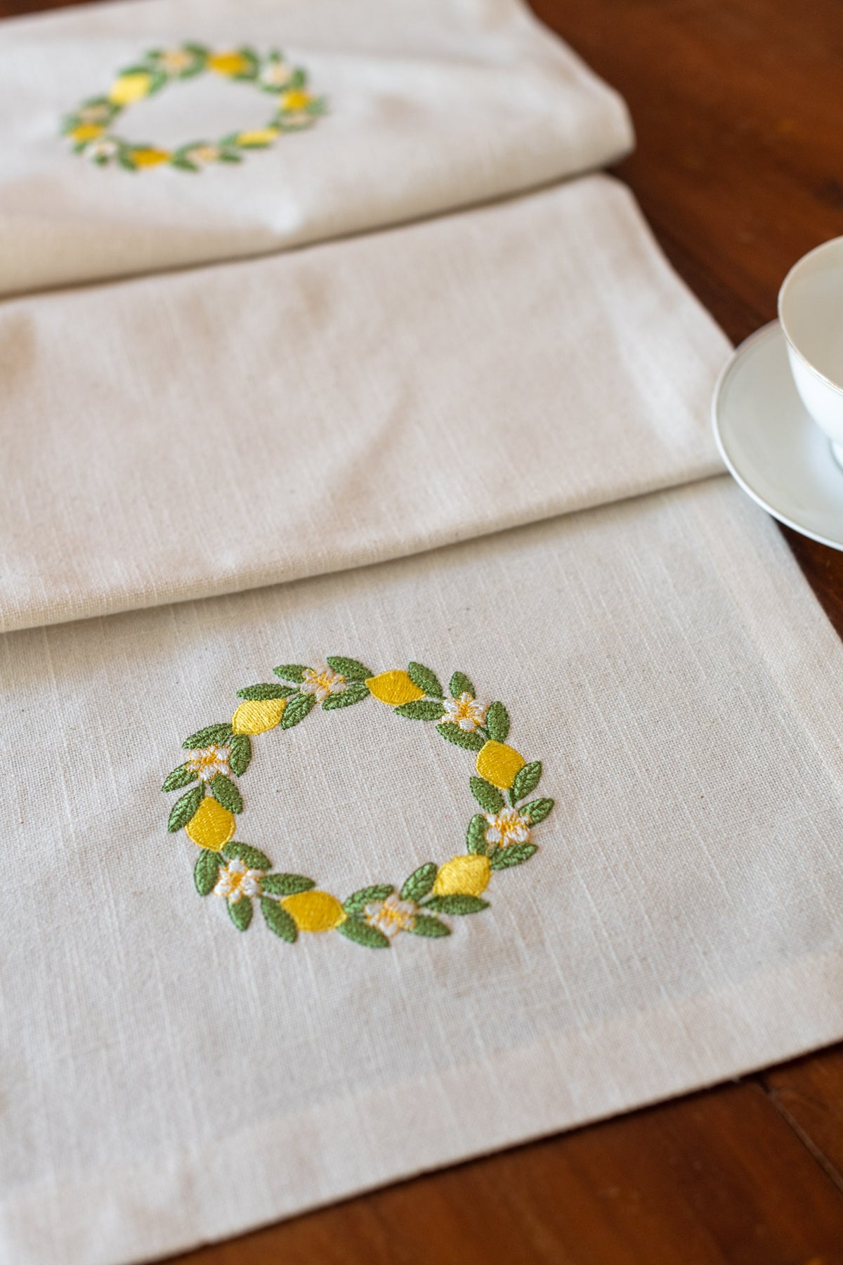 Cotton table runner with embroidery and lace detailing 13x44 -customisable
