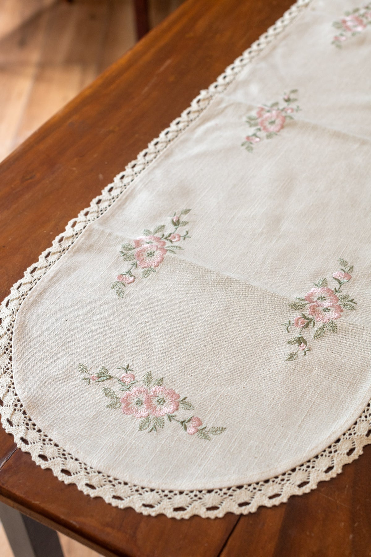 Cotton table runner with  embroidery and lace detailing -13x41 inches-customisable