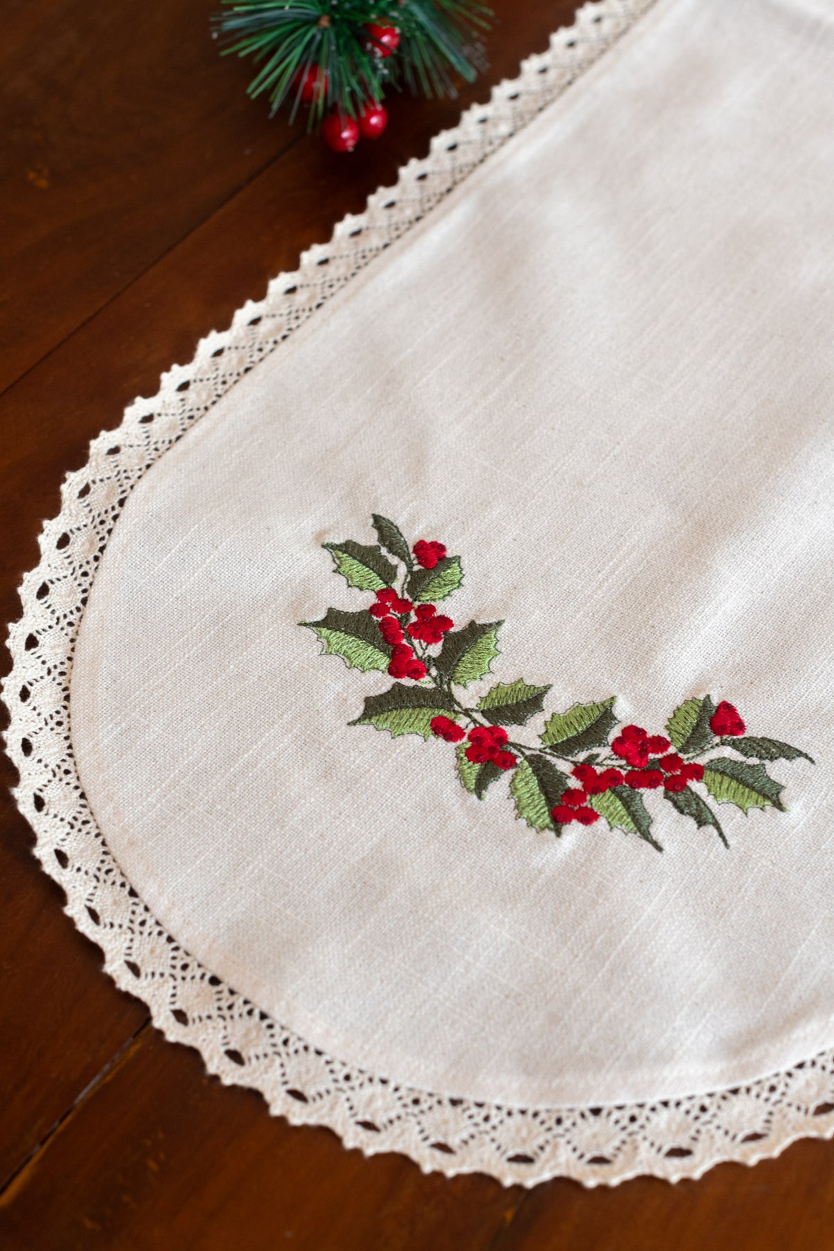 Cotton table runner with embroidery and lace detailing 12x36 -customisable