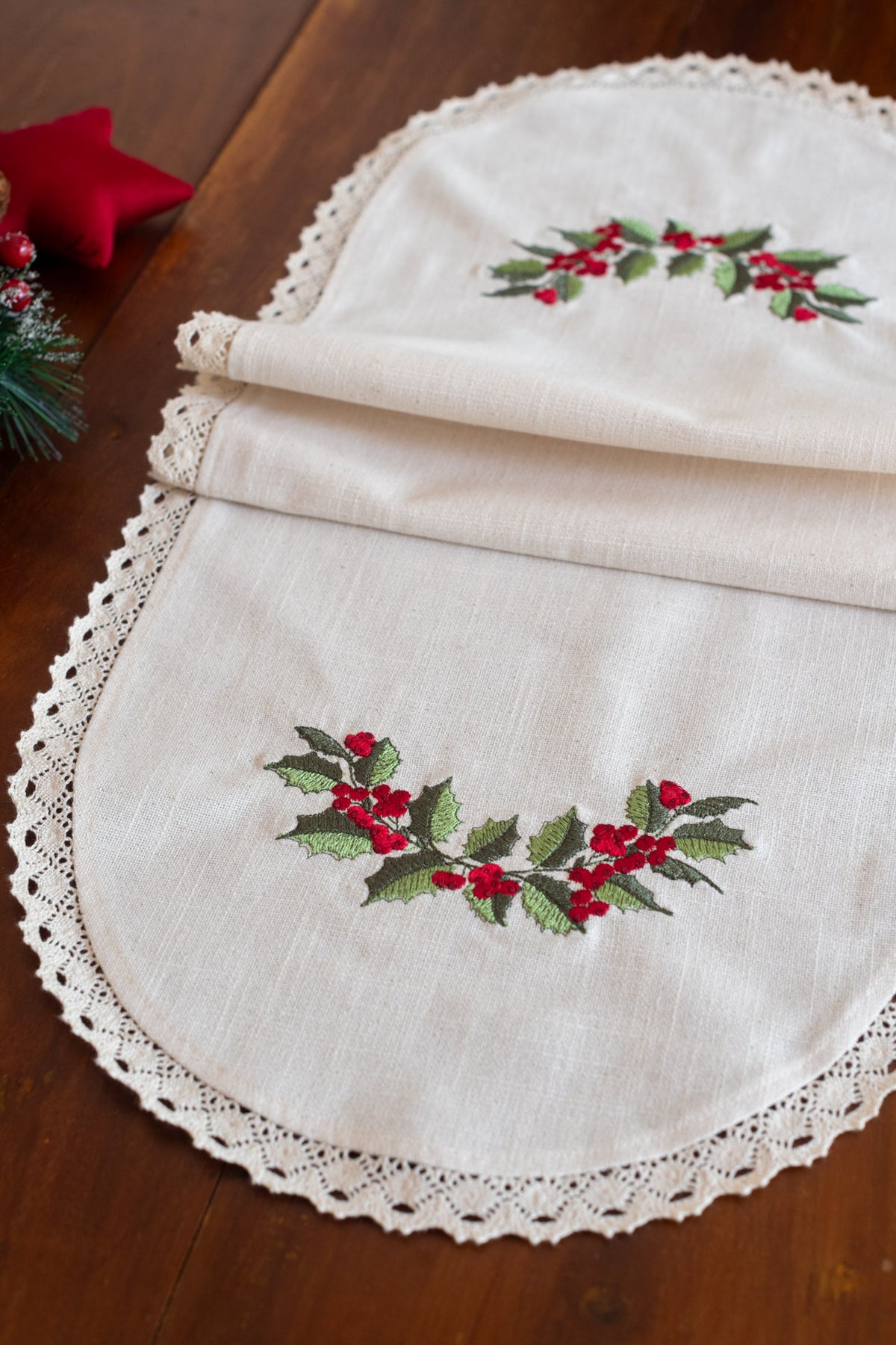 Cotton table runner with embroidery and lace detailing 12x36 -customisable