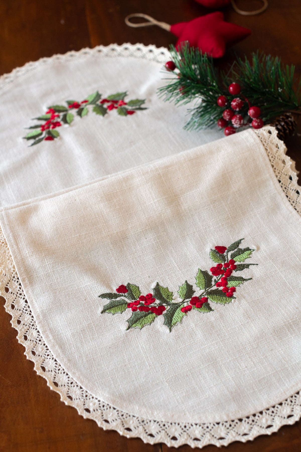 Cotton table runner with embroidery and lace detailing 12x36 -customisable