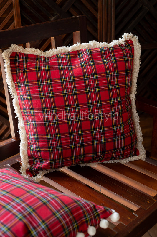 PLAID CUSHION COVER with fringe lace detailing -single unit